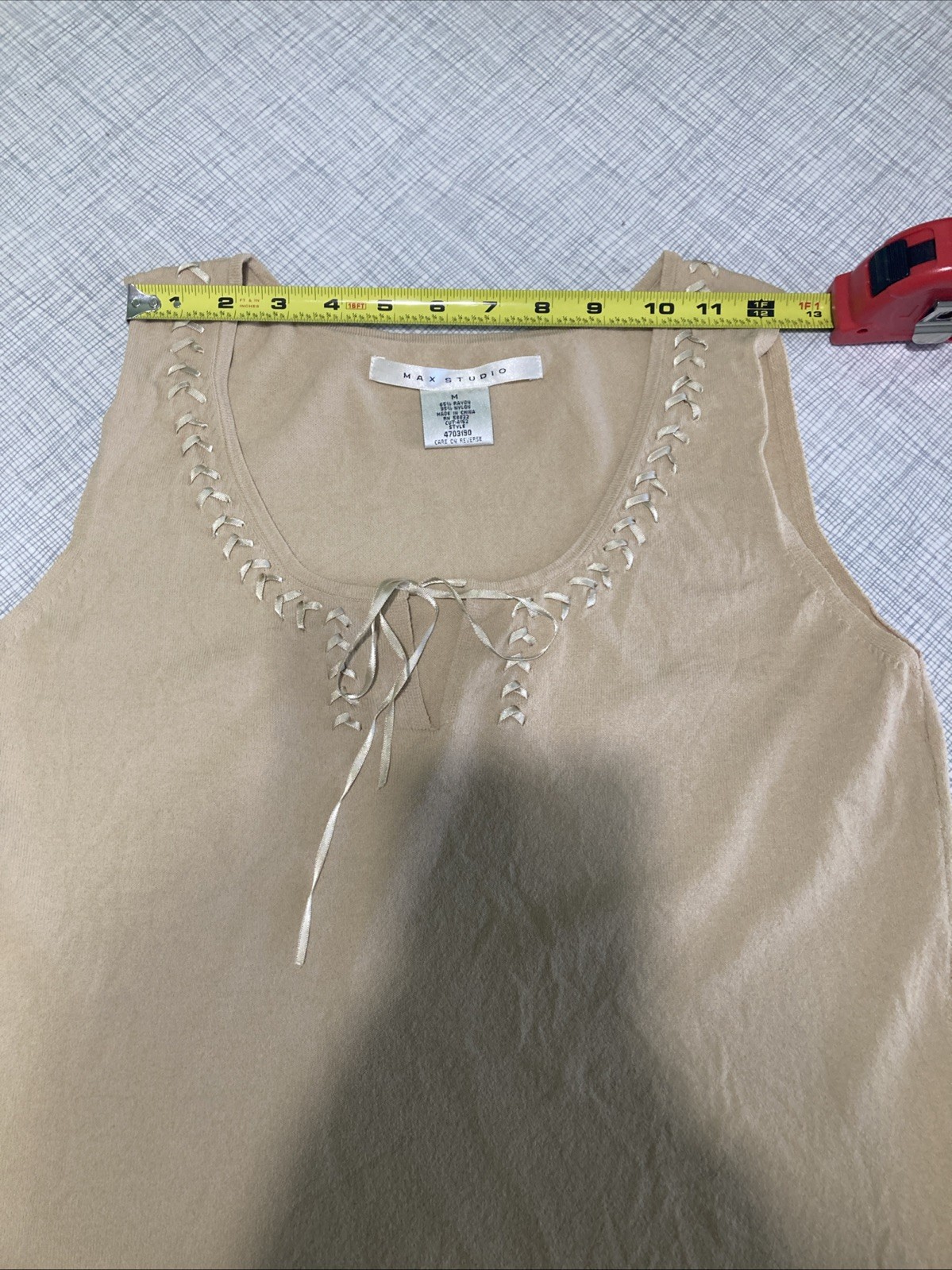 Vtg 2000s Max Studio Y2K Tan Lace-Up Ribbon Tank Top Rayon Nylon Blend Med GUC