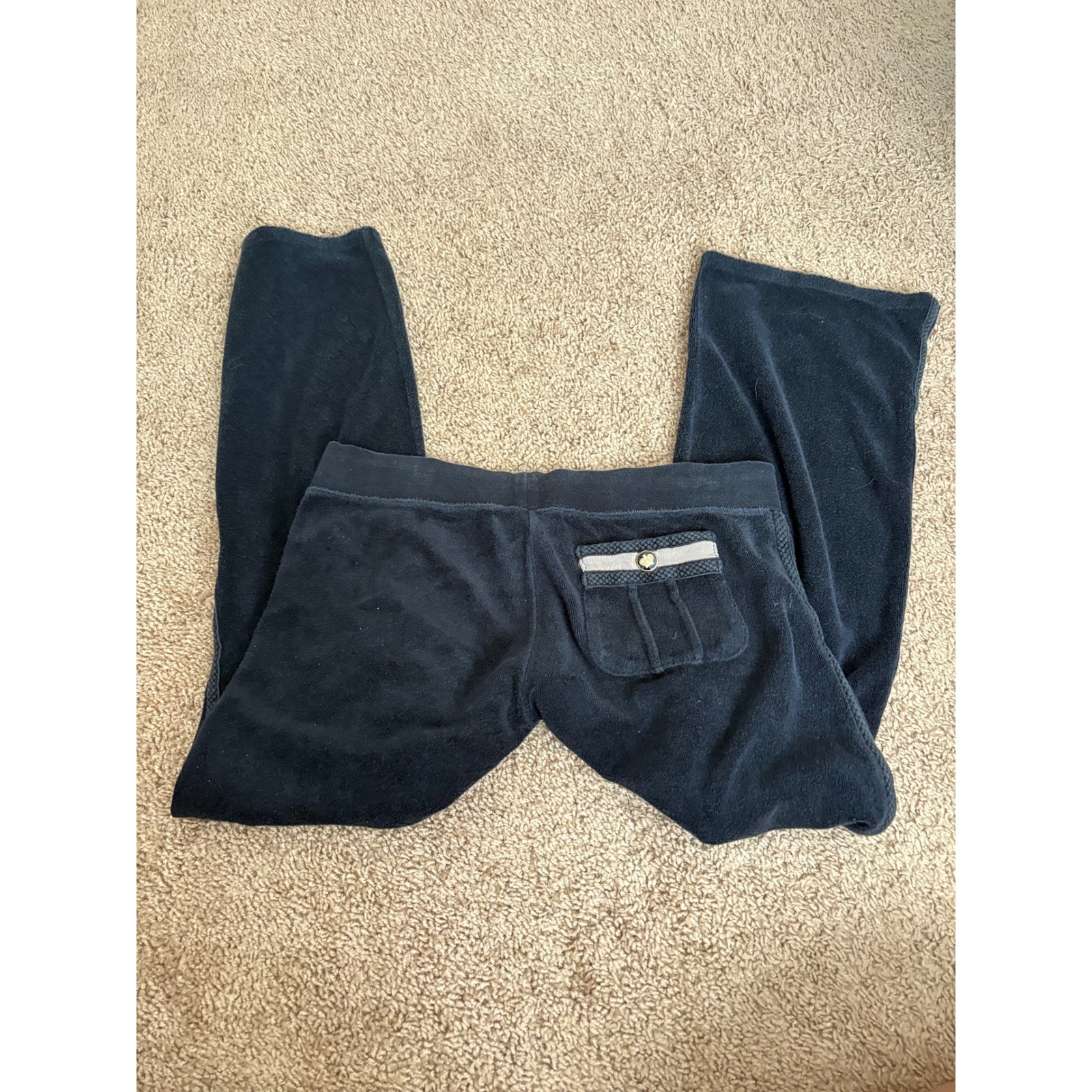 Vintage Juicy Couture Black Velour Track Pants Wide Leg Low Rise JGMU 5065 Small