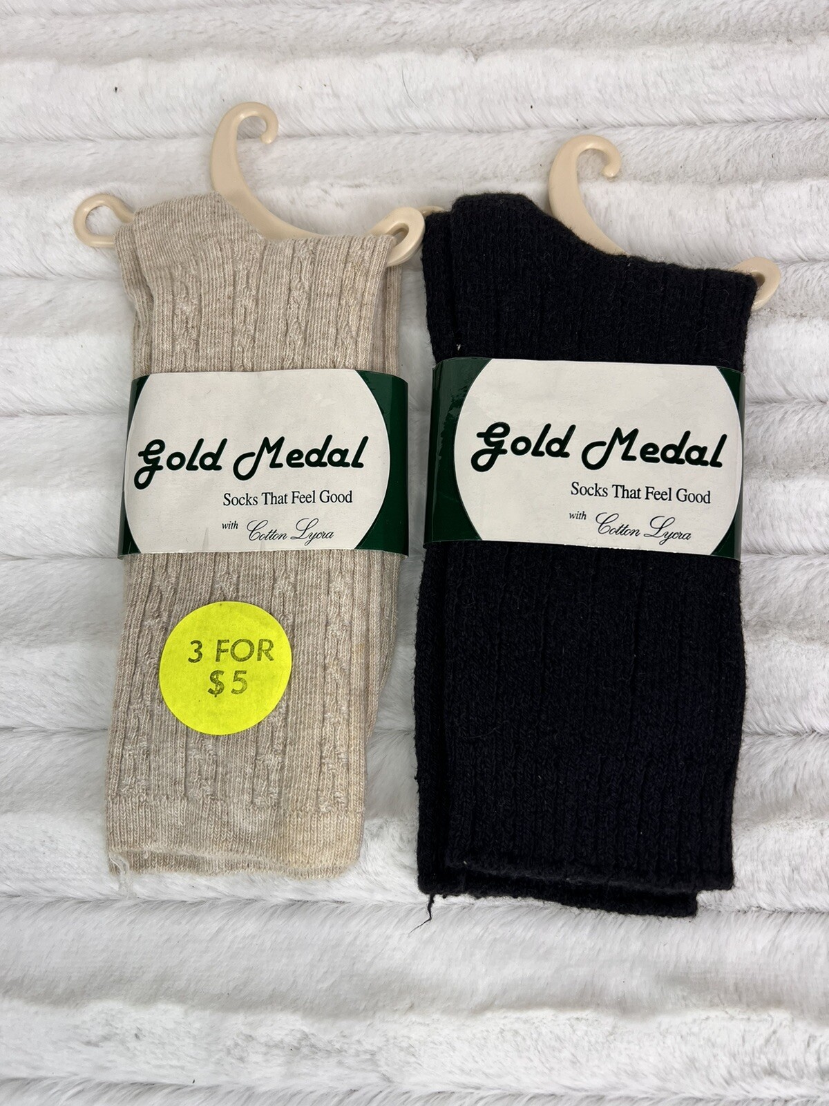 Vtg NWT Lot of 2 GOLD MEDAL Socks Beige/ Black Thin MID-CALF Cotton FITS 9-11