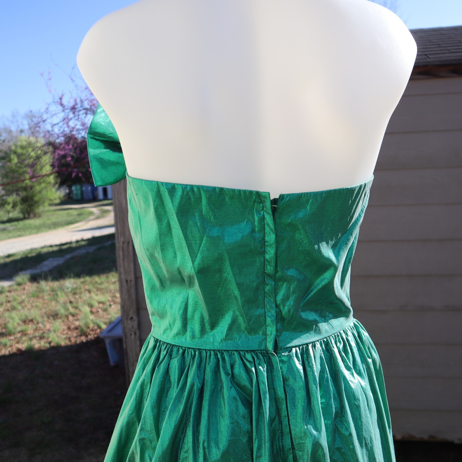 Vintage 80s 90s Green Metallic Prom Party Dress Pageant Bow Strapless Small
