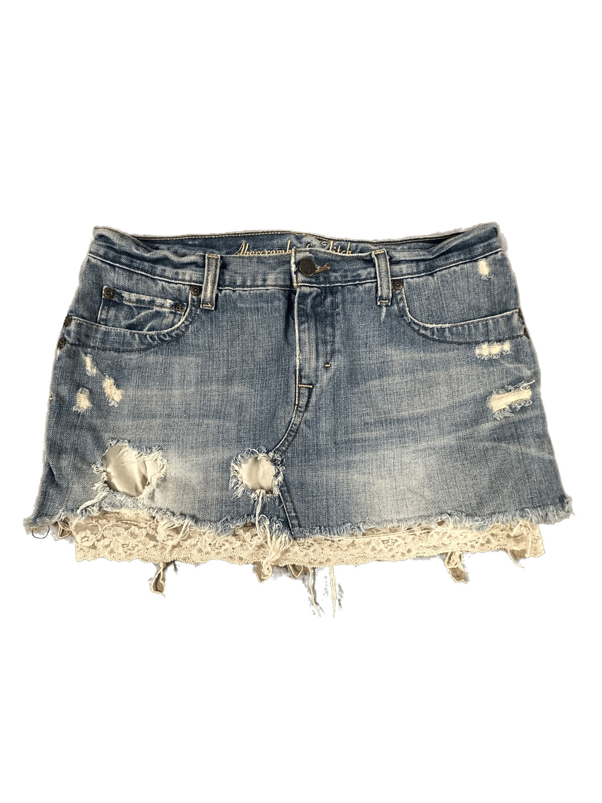 Vtg Abercrombie & Fitch Womens Jean Mini Skirt Size 6 Blue Distressed Lace Trim