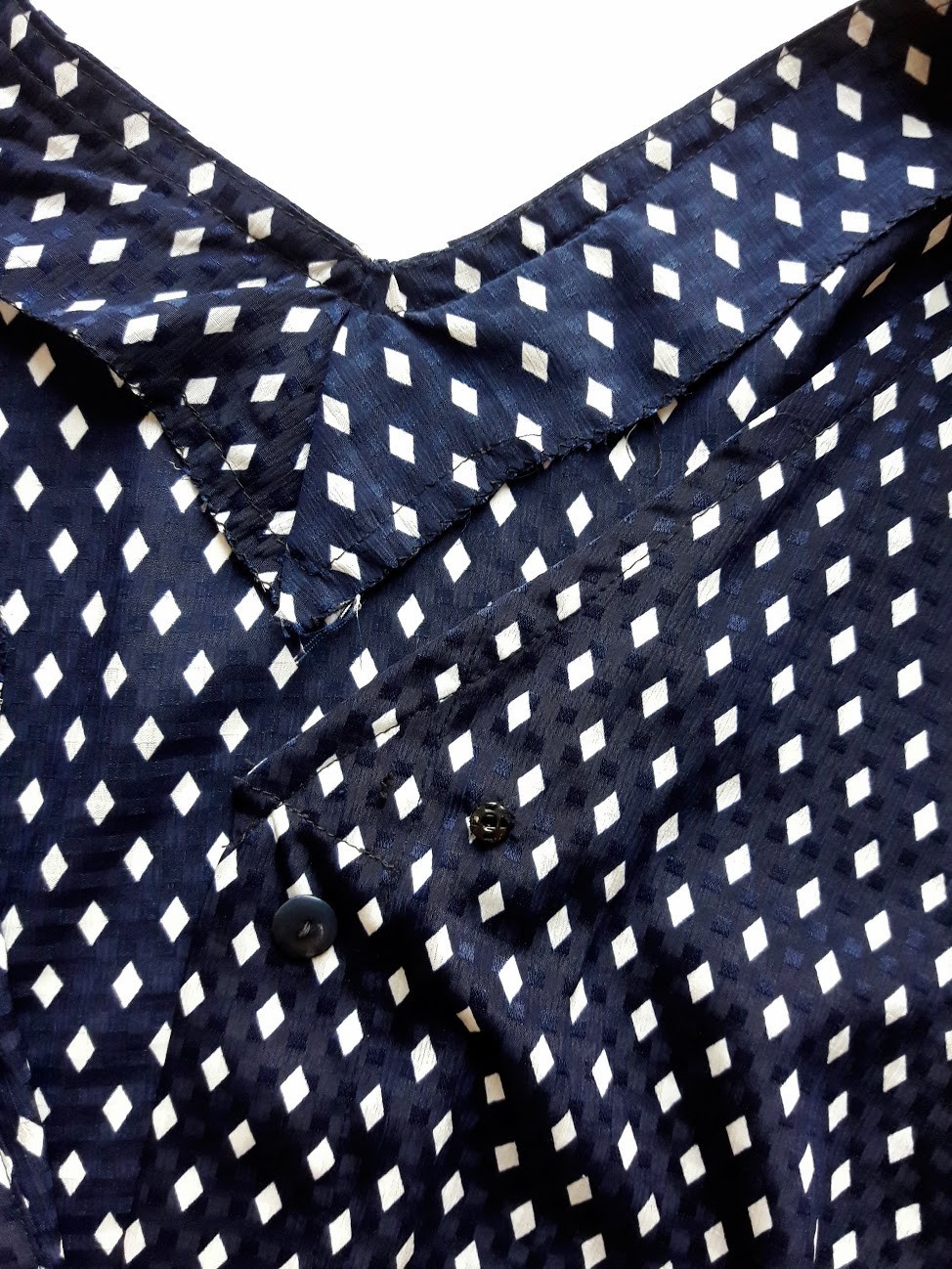 1980s Navy Blue and White Diamond Print Satin Midi Dress