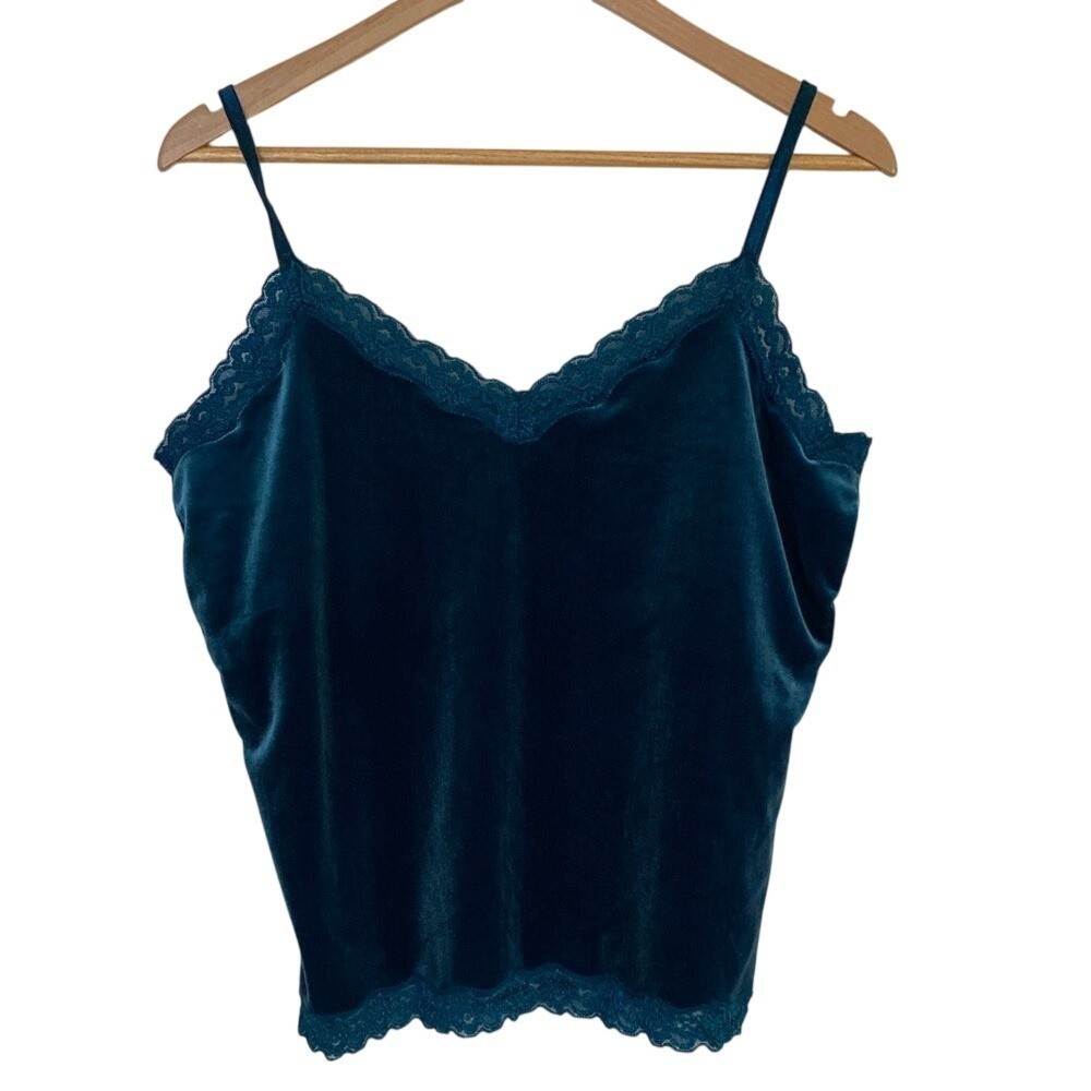 Coldwater Creek Velvet Lace-Trim Teal Cami Top Size Large Romantic Feminine
