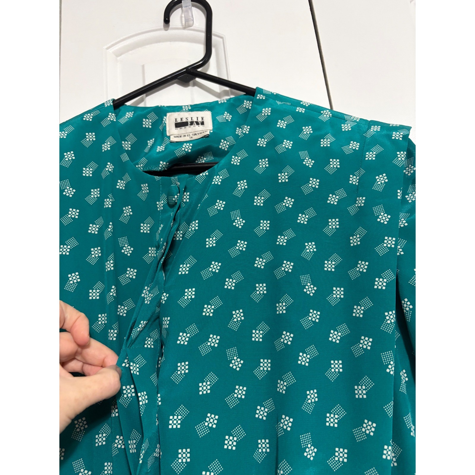 Leslie Fay Dress Vintage 80s Secretary Teal Geometric Pleated Midi Size 14