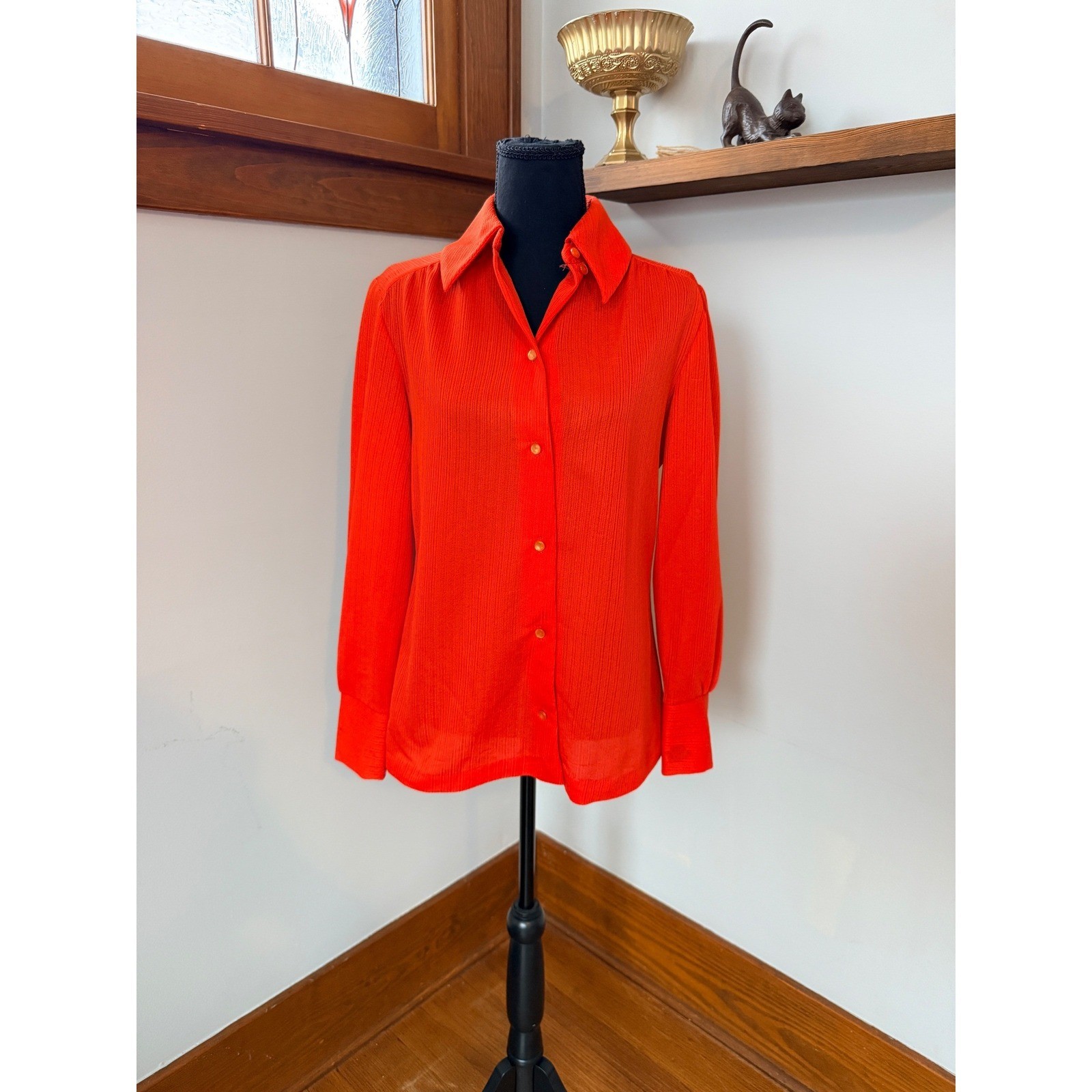 Vintage Jami Originals Bright Orange Ribbed Button Down Blouse Size 14/34 Retro