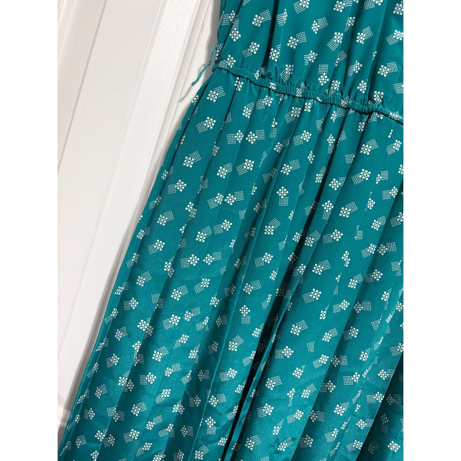 Leslie Fay Dress Vintage 80s Secretary Teal Geometric Pleated Midi Size 14