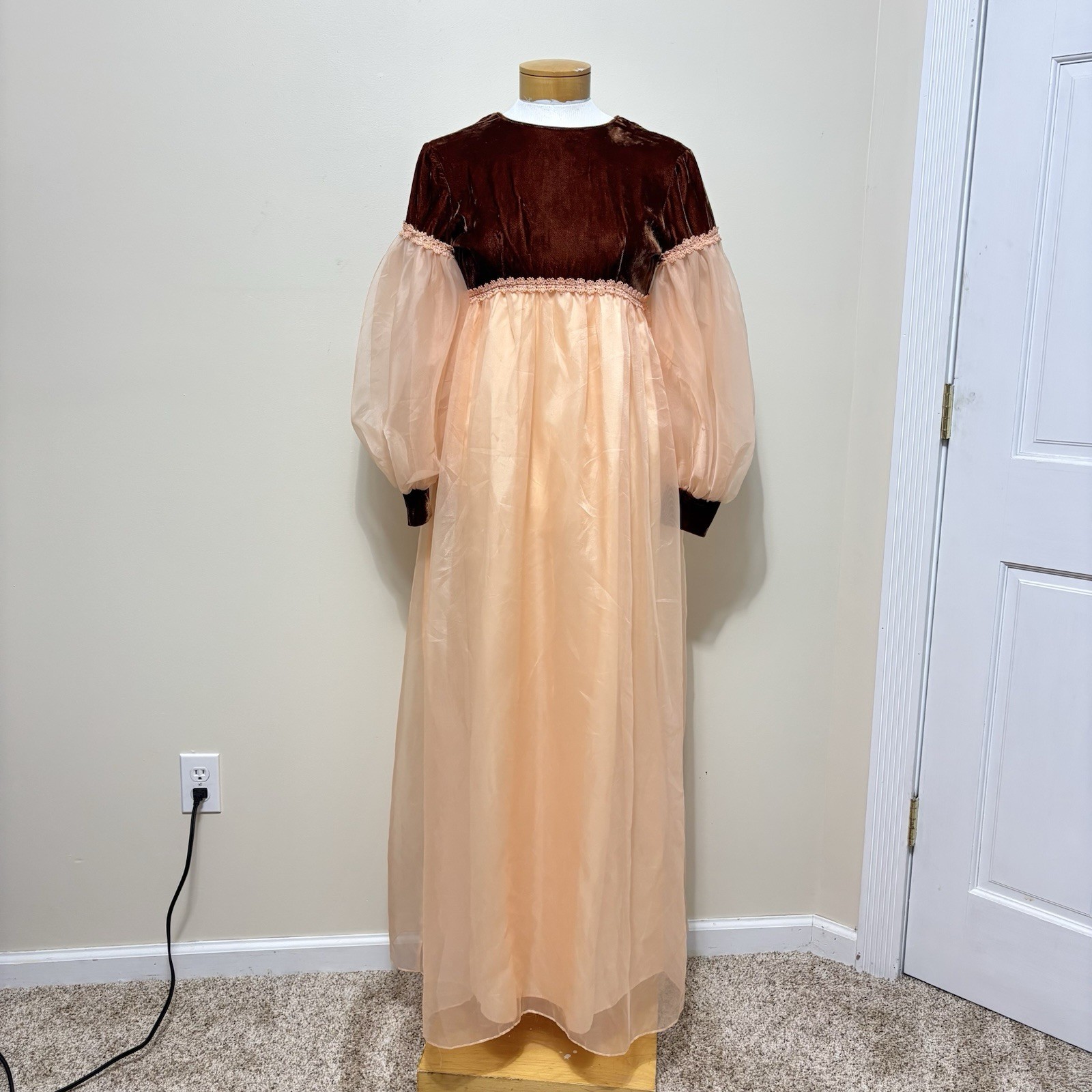 Vtg 60s Lorrie Deb Velvet Chiffon Bridgerton Renaissance Romantic Maxi Dress XS