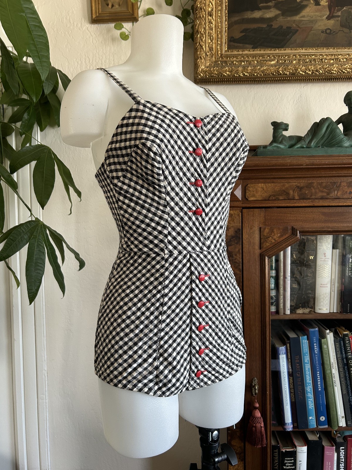 Vintage 1950s PLAYSUIT Swimsuit Romper Sunsuit Cotton Gingham Black & White 28W