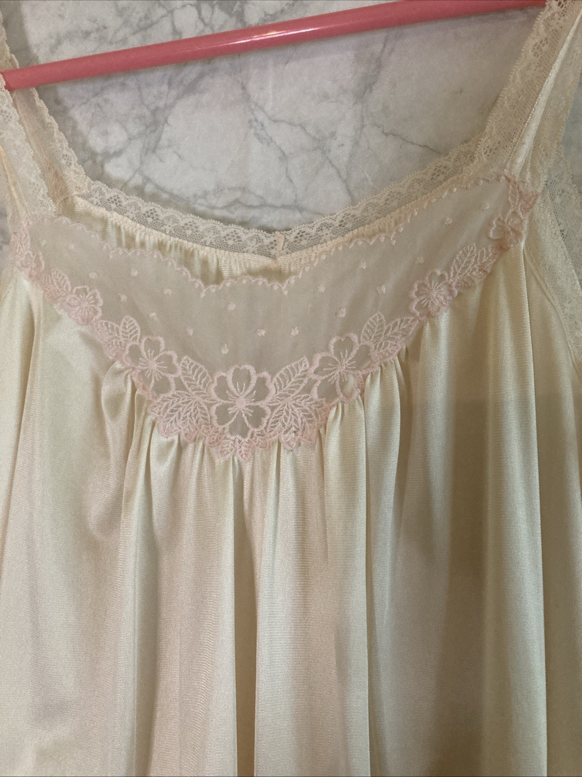 VNTG Vanityfair Silky Long Nightgown Set Pink Satin With Lace Sz S/M