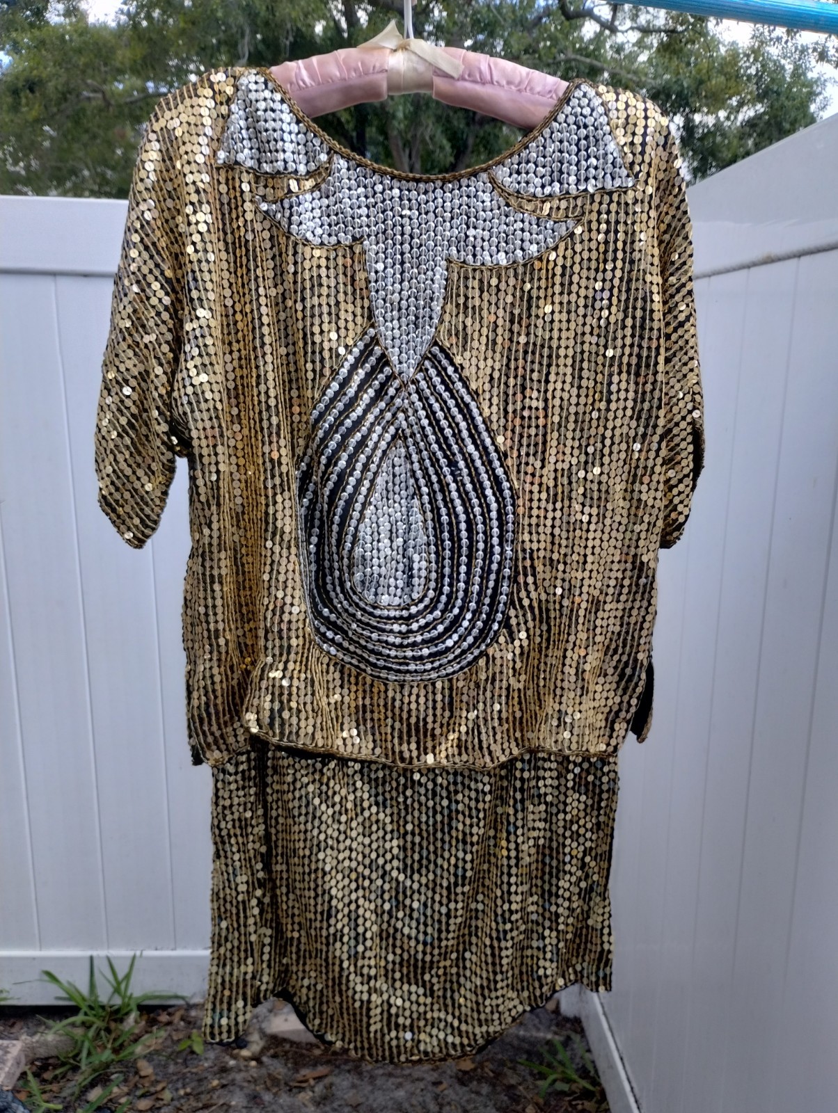 Vintage Silk Beaded Sequin 2 Piece Skirt Set Gold Silver Art Deco Made In India
