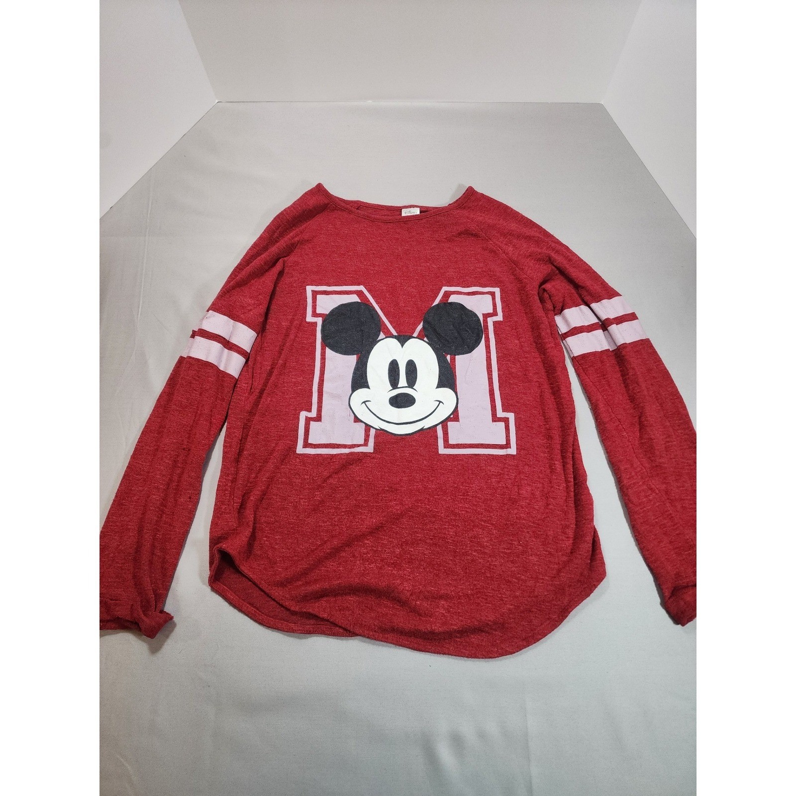Vintage Disney Mickey Mouse Red Long Sleeve Varsity Graphic Tee Shirt Womens M