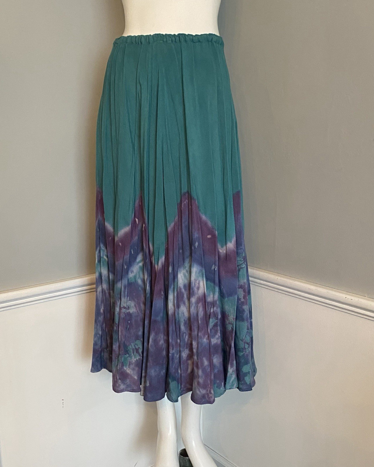 Vintage Tie Dye Midi Skirt Size M Teal Blue Purple Made USA Festival Boho Hippie