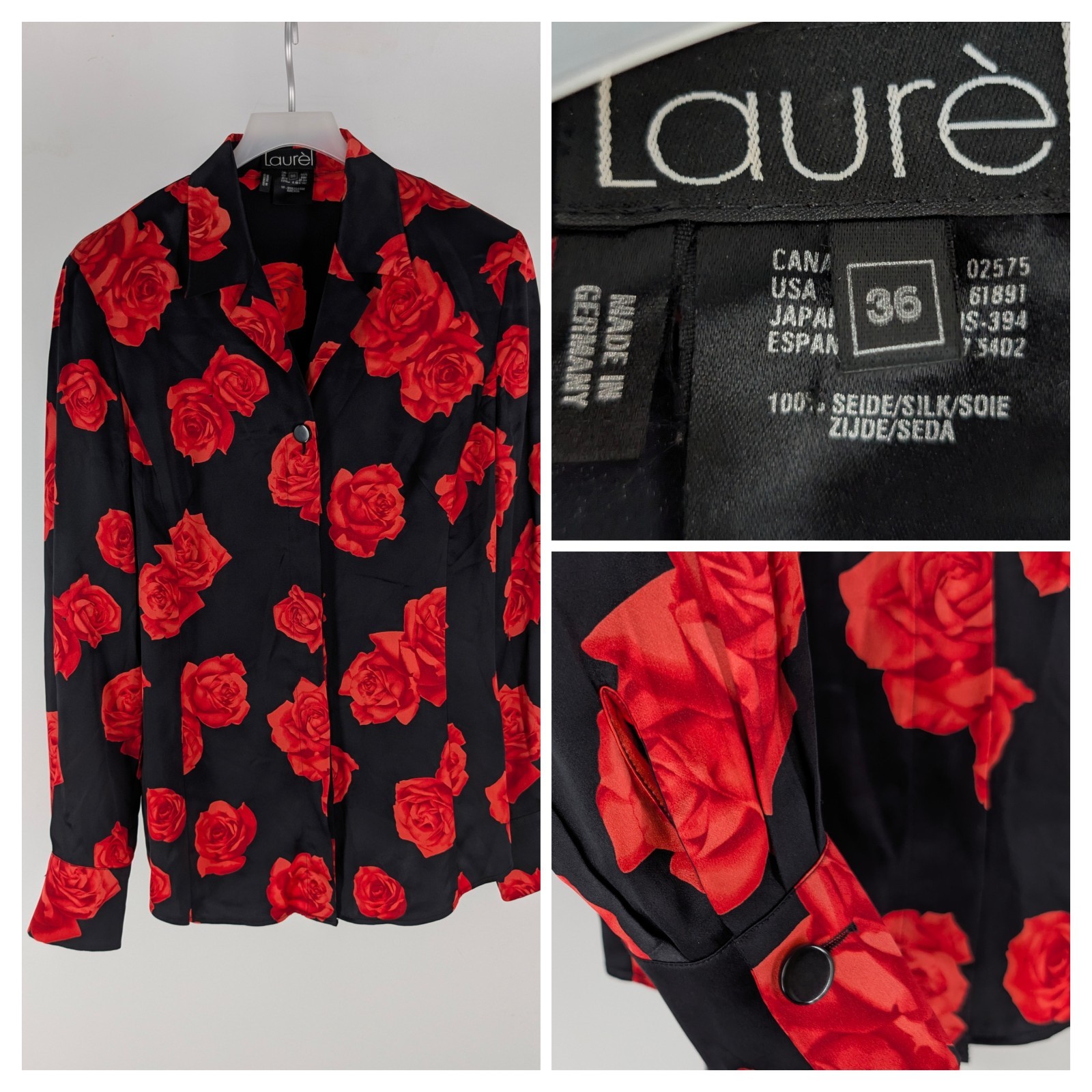 Escada Laurel Vintage 90s Silk Rose Print Hidden Button Blouse Germany Size 36