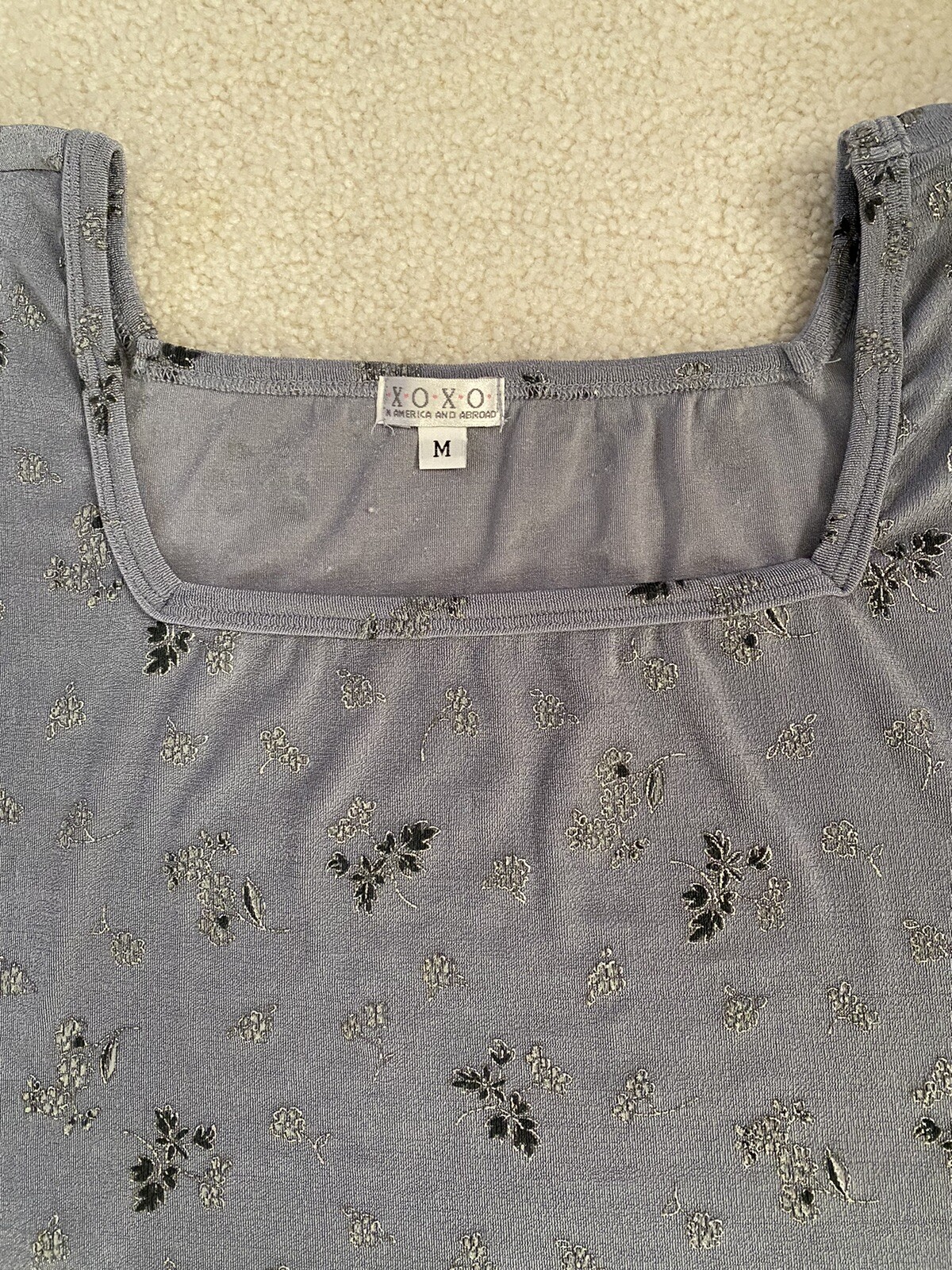 XOXO ~ Vintage 80’s 90’s ~ Gray Nylon Spandex Crop Top ~ Short Sleeves ~ Size M