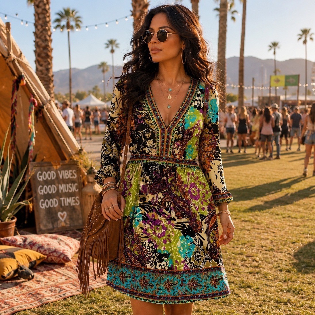 ECI New York Boho Paisley Floral Dress M Retro V Neck Long Sleeve Boho Dress