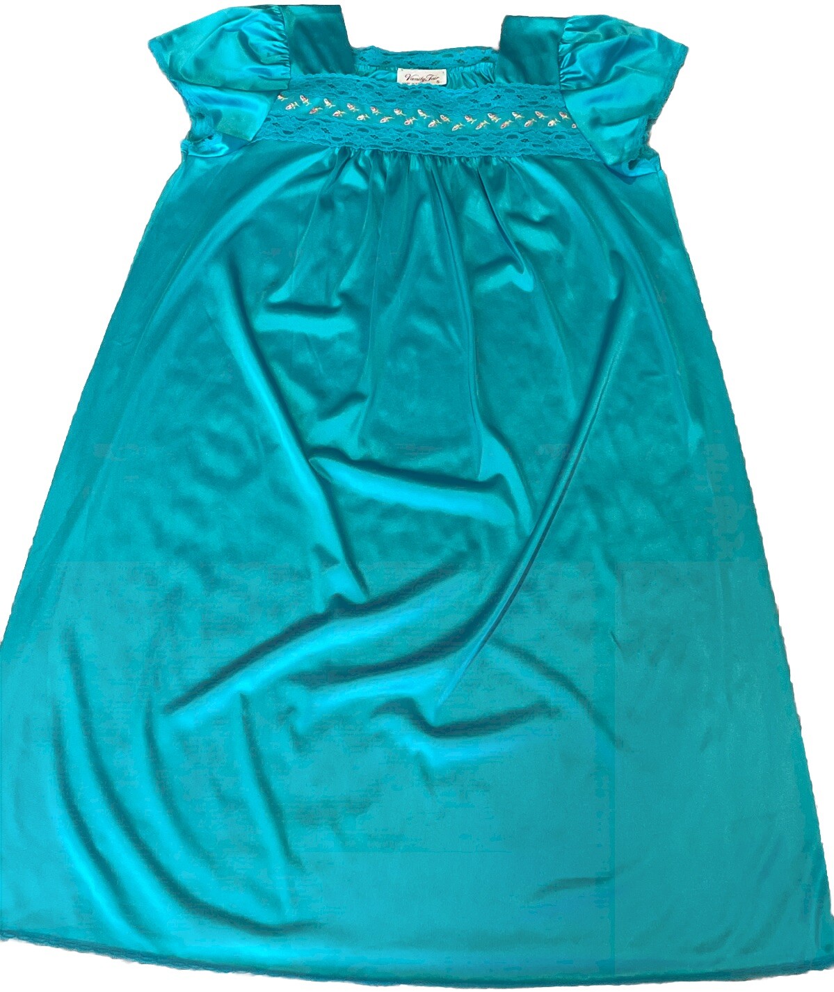 Vanity Fair Nightgown, Small, Turquoise with pink rosebuds, USA Made Lace