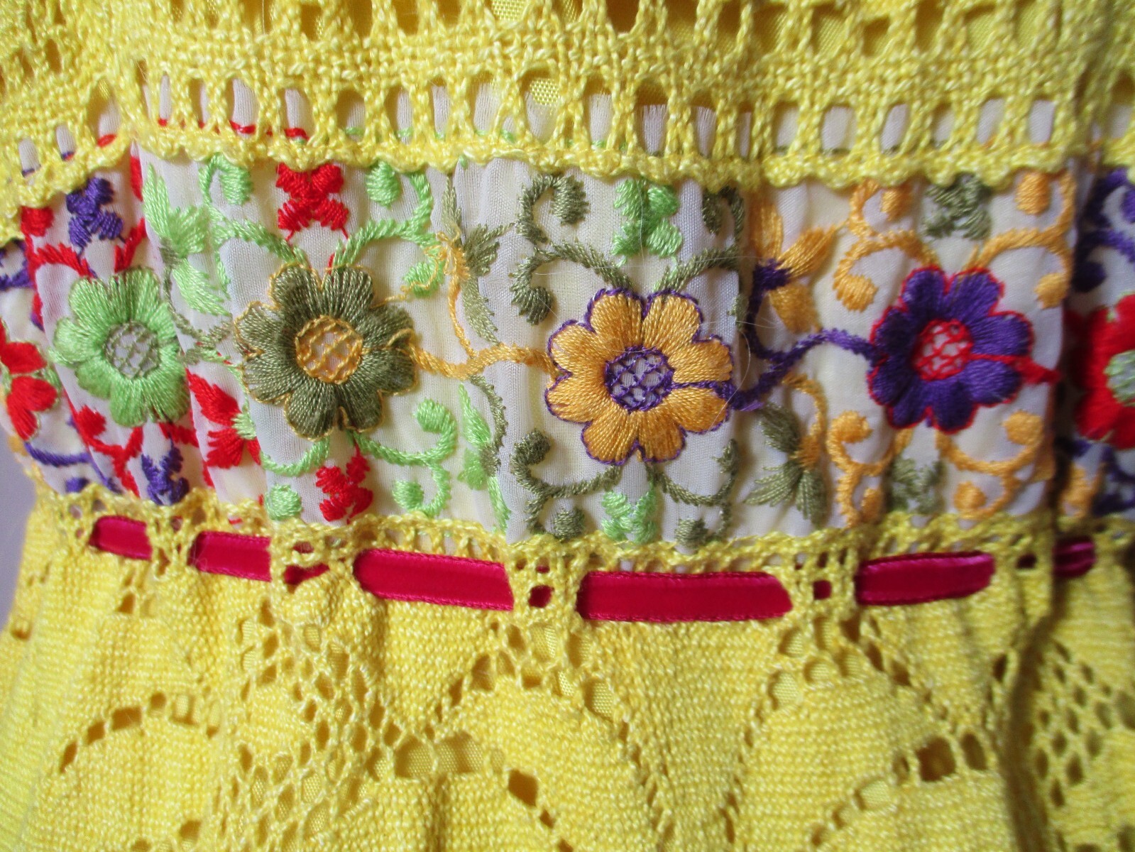 Vintage 1970s Mexican Wedding Dress Yellow Crochet Embroidered Insets Boho Maxi