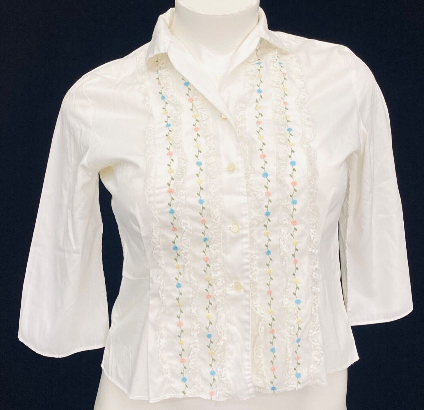 Vintage 1950s 1960s white blouse top shirt floral plus size L XL 42 44
