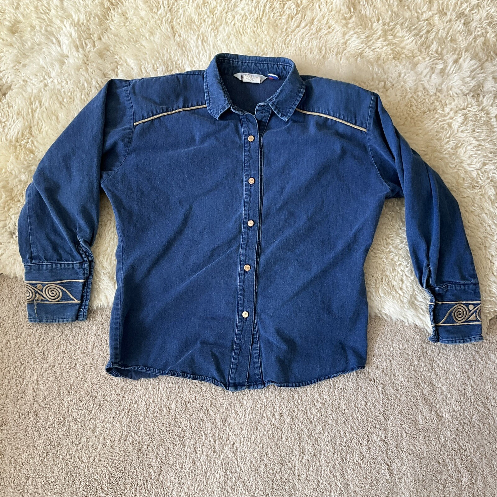 Vintage Bar N None Shirt Woman’s Large Long Sleeve Denim Embroidered Cuffs USA