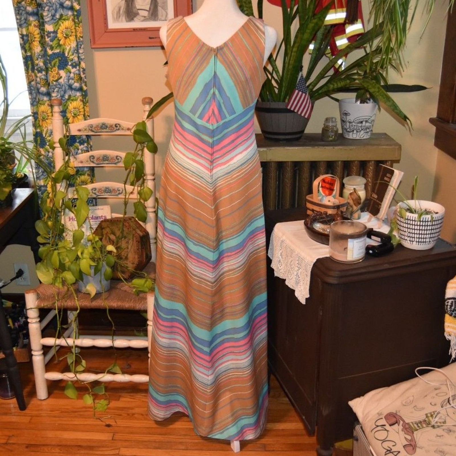 Vintage 1970s Yves Jennet Maxi Striped Psychadelic dress Sleeveless Size Small