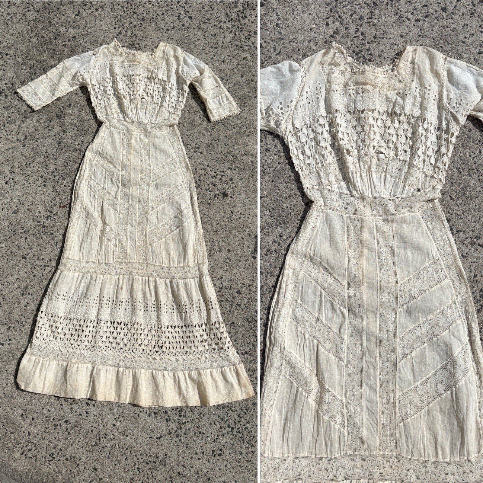 VTG Wounded 1900s Ivory Embroidered Cotton Lace Edwardian Tea Dress Size Small