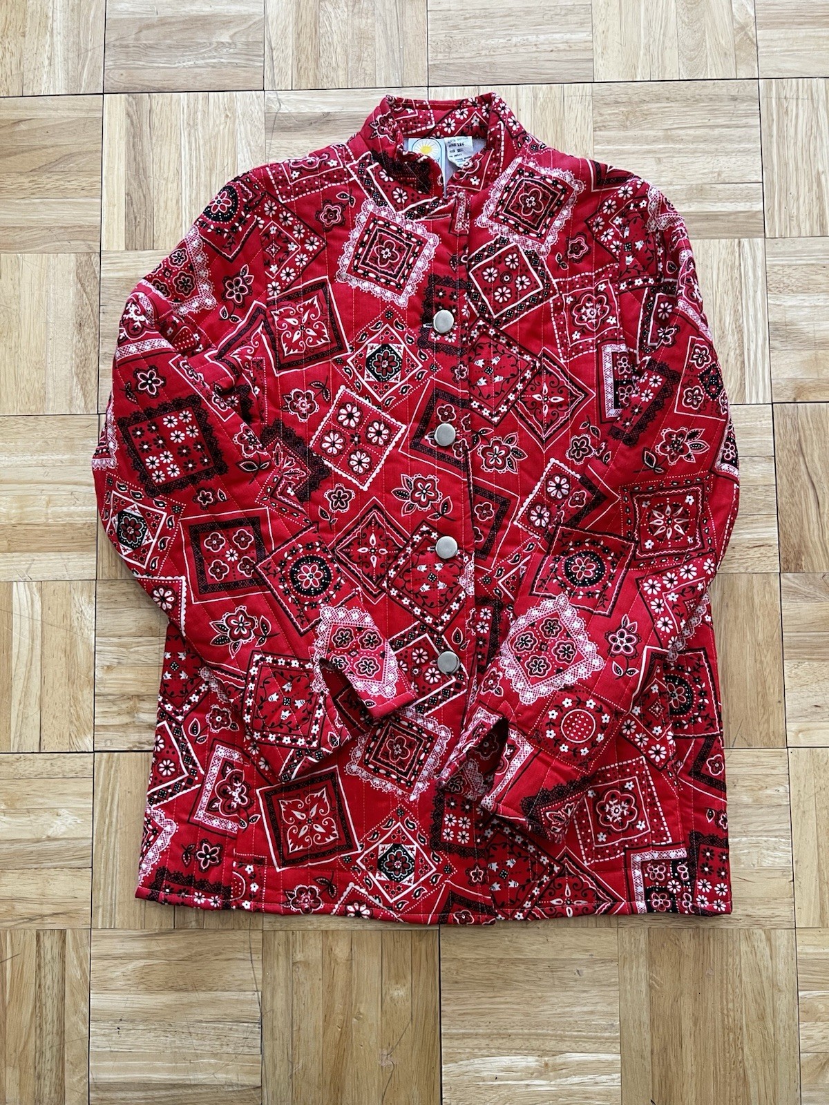 Vintage Red Bandana Paisley Print Quilt Coat Size Small Retro Festival 70s USA