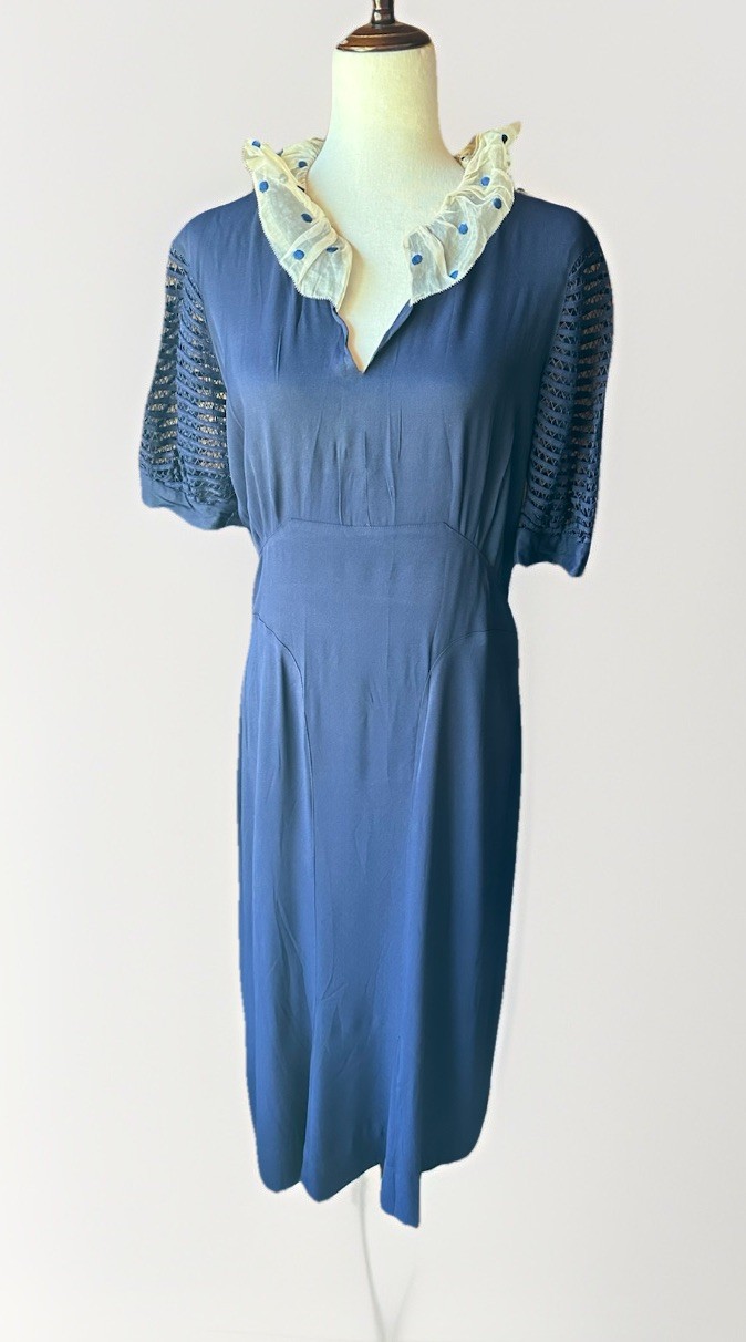 VTG 1930s Navy Rayon Crepe Day Dress Organza Polka Dot Collar Lattice Sleeve LRG