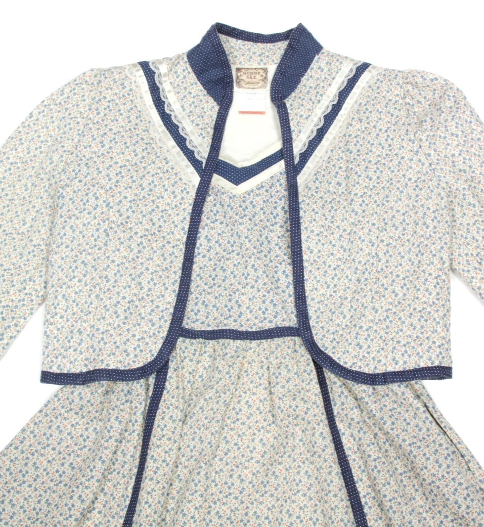 Vintage GUNNE SAX Ditsy Floral Cream Blue Lace Side 2 Piece Dress Jacket Dress
