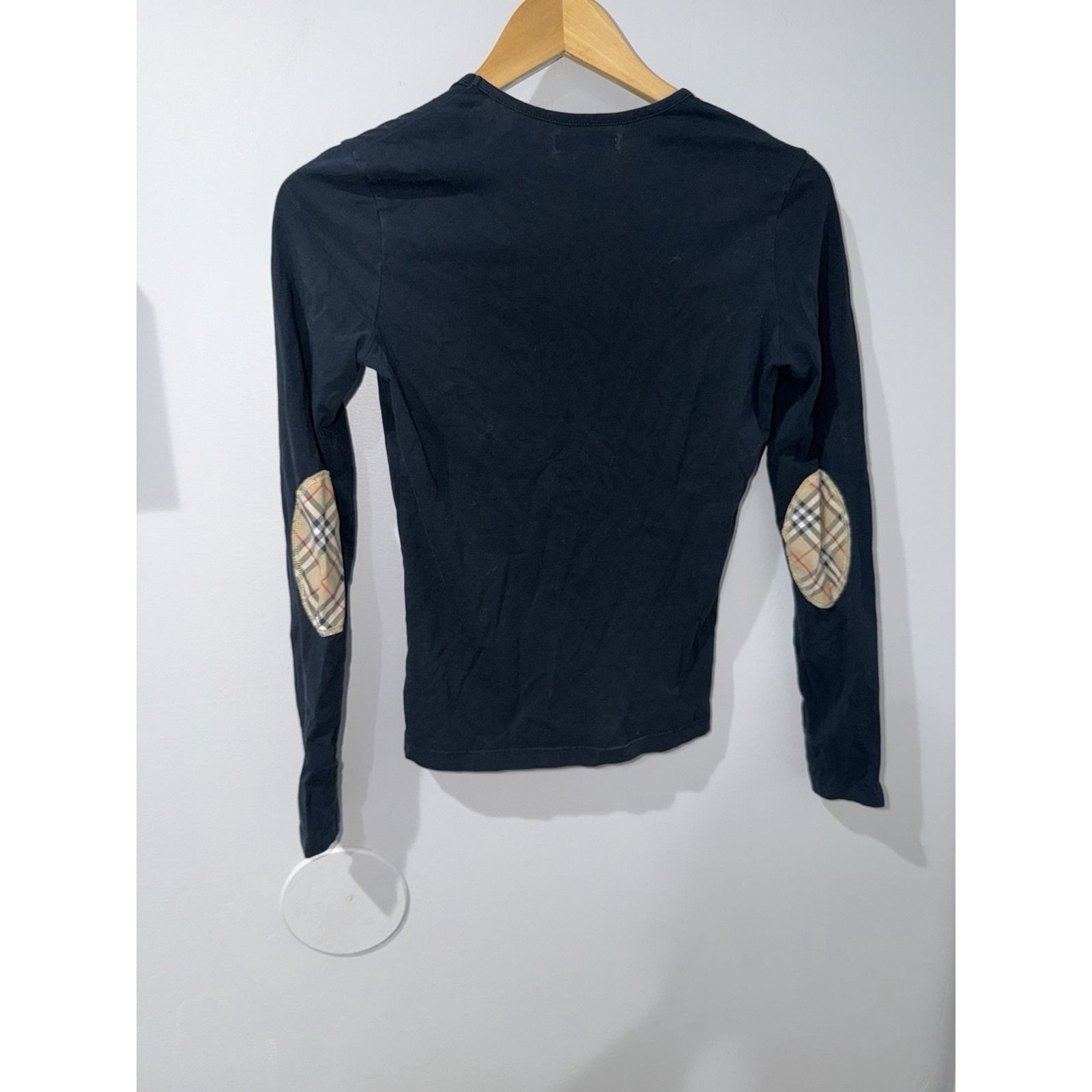 Vtg Burberry V-neck Womans Light Cotton Long Sleeve Tee Sz M Elbow Patches V
