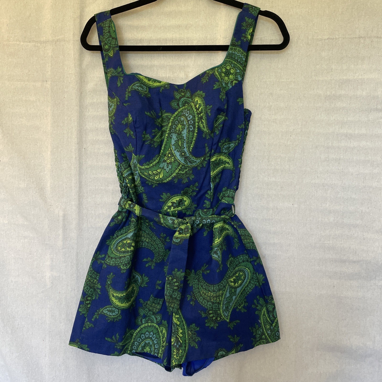 Vintage Swimsuit Romper 1950s Cotton Blue Green Paisley Size S/M Pinup Girl