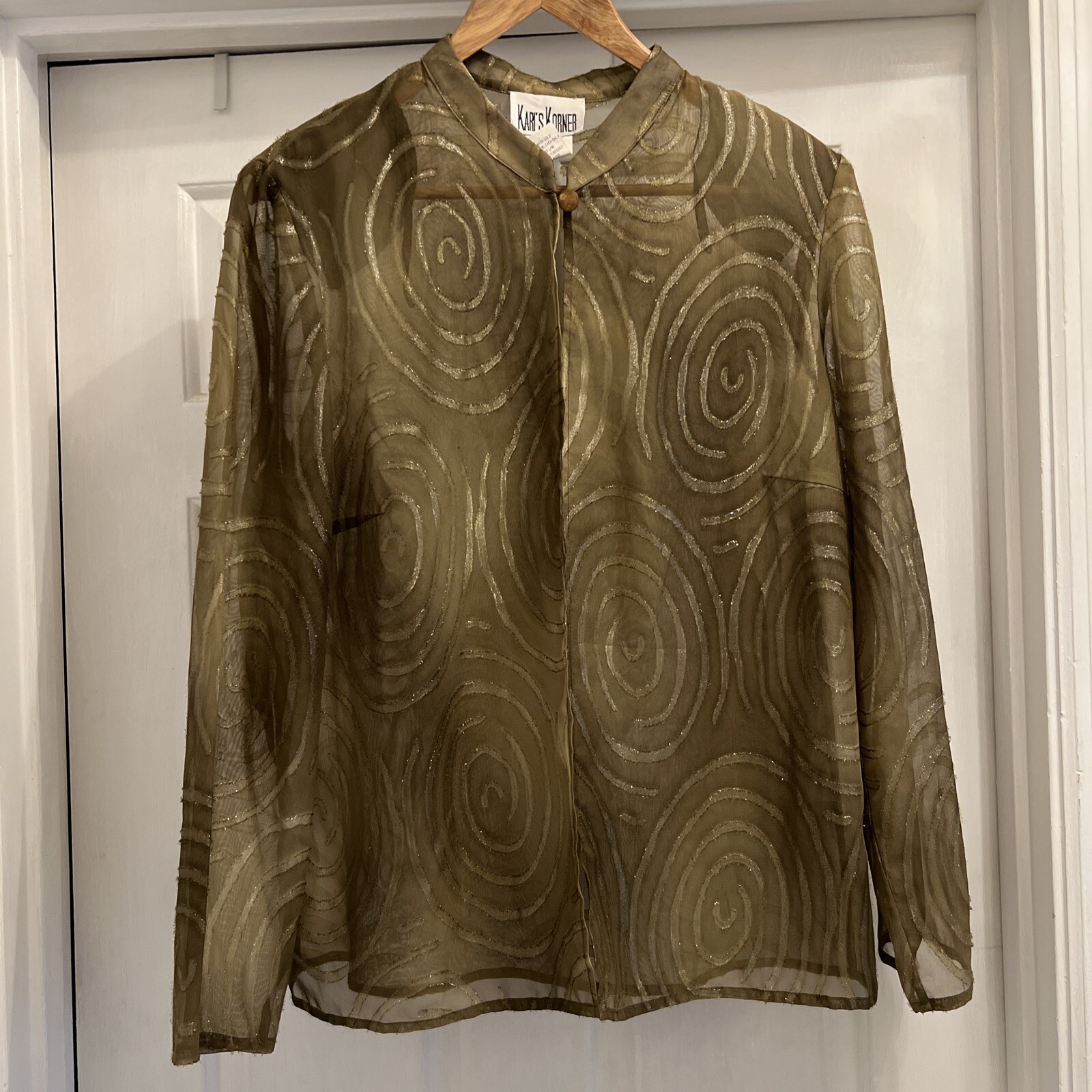 Vintage Kari’s Korner Green/Gold Sheer Jacket Size 14 Retro Boho Chic