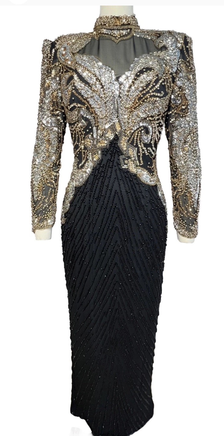 SHO MAX ORIGINALS Fully Sequined Black& Gold& Silver Gown 100 Silk Sz.M VINTAGE