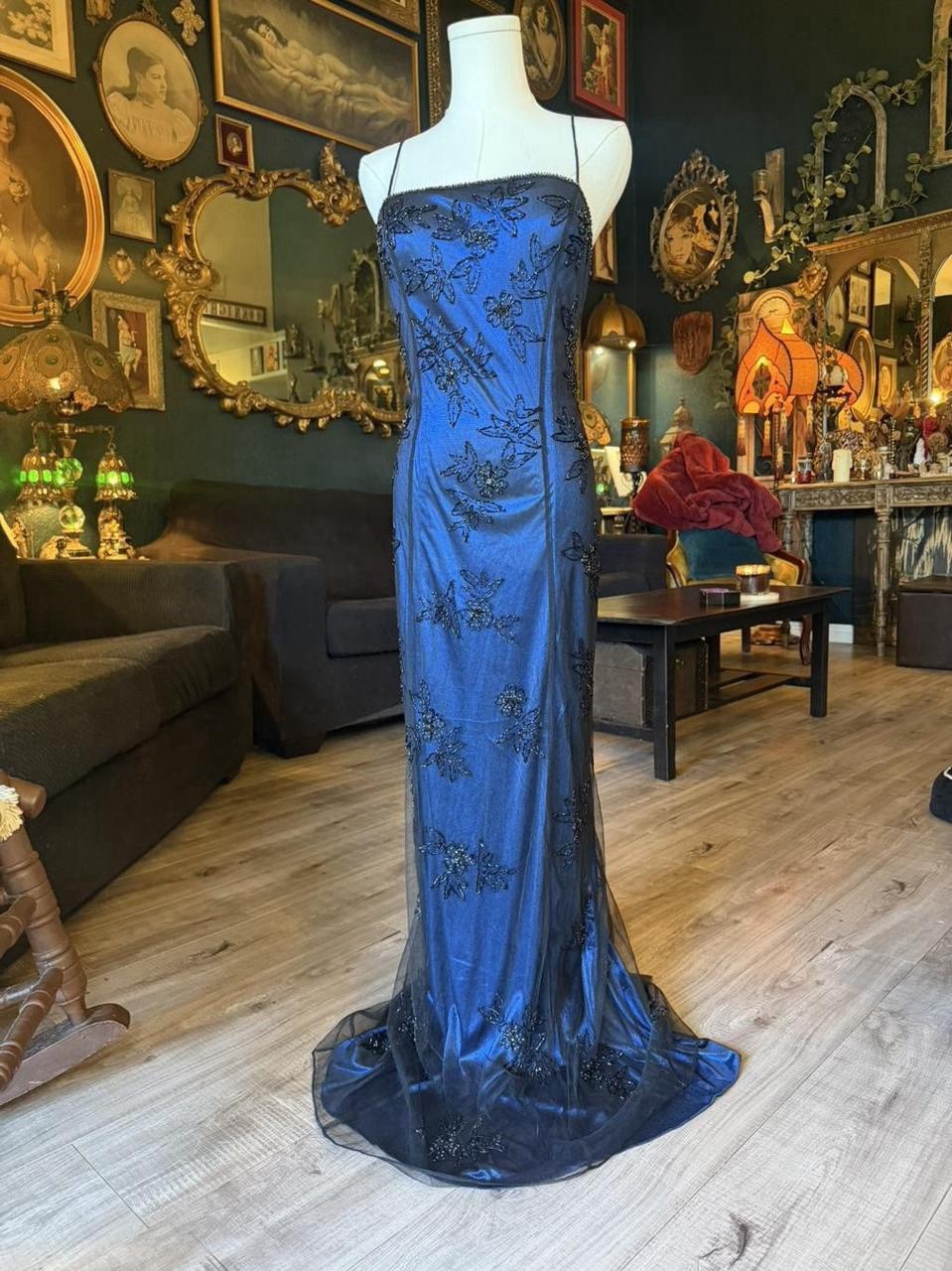 Vintage Black Beaded Mesh Overlay Evening Gown | Metallic Blue | Y2K Formal