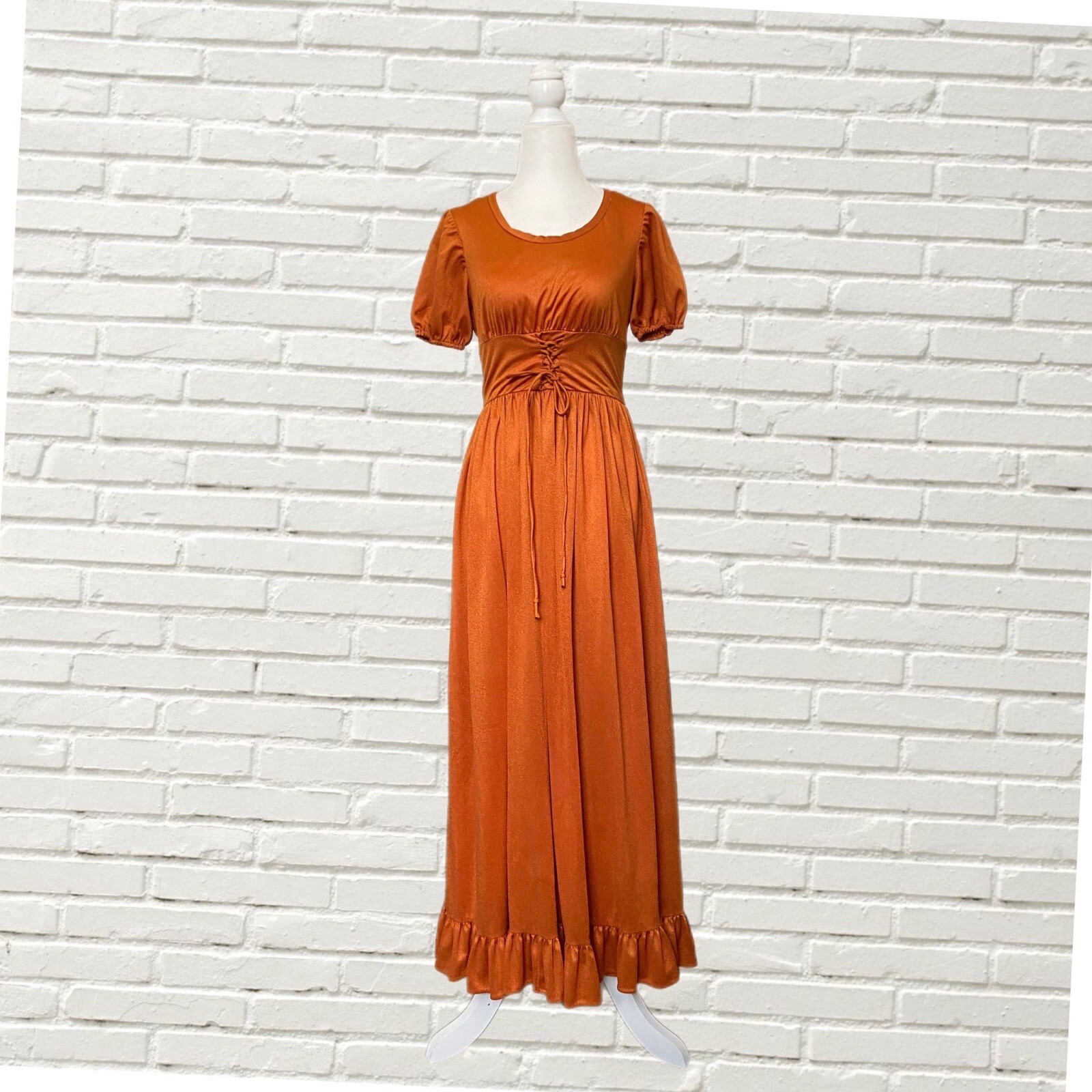 Vintage 60s70s Maxi Corset Dress Copper Ruffle Hem Metallic Dress Xs Hippie
