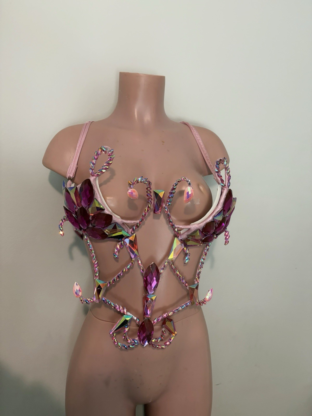Wire Bra Corset/ Carnival wear / Pink Rhinestone bra B Cup