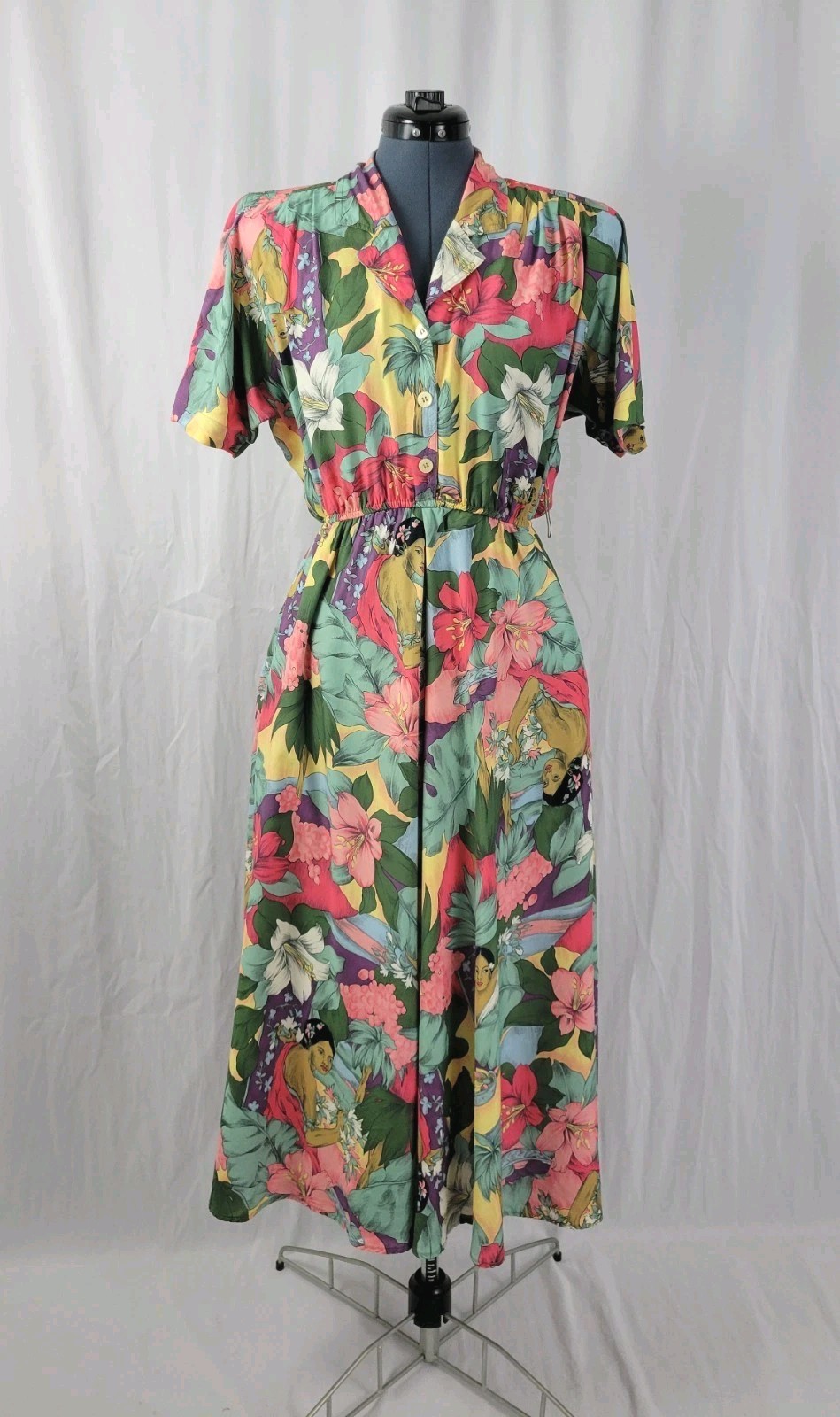 Vtg Carol Anderson Multicolor Floral & Lady Printed Blouson Dress Size S/M?
