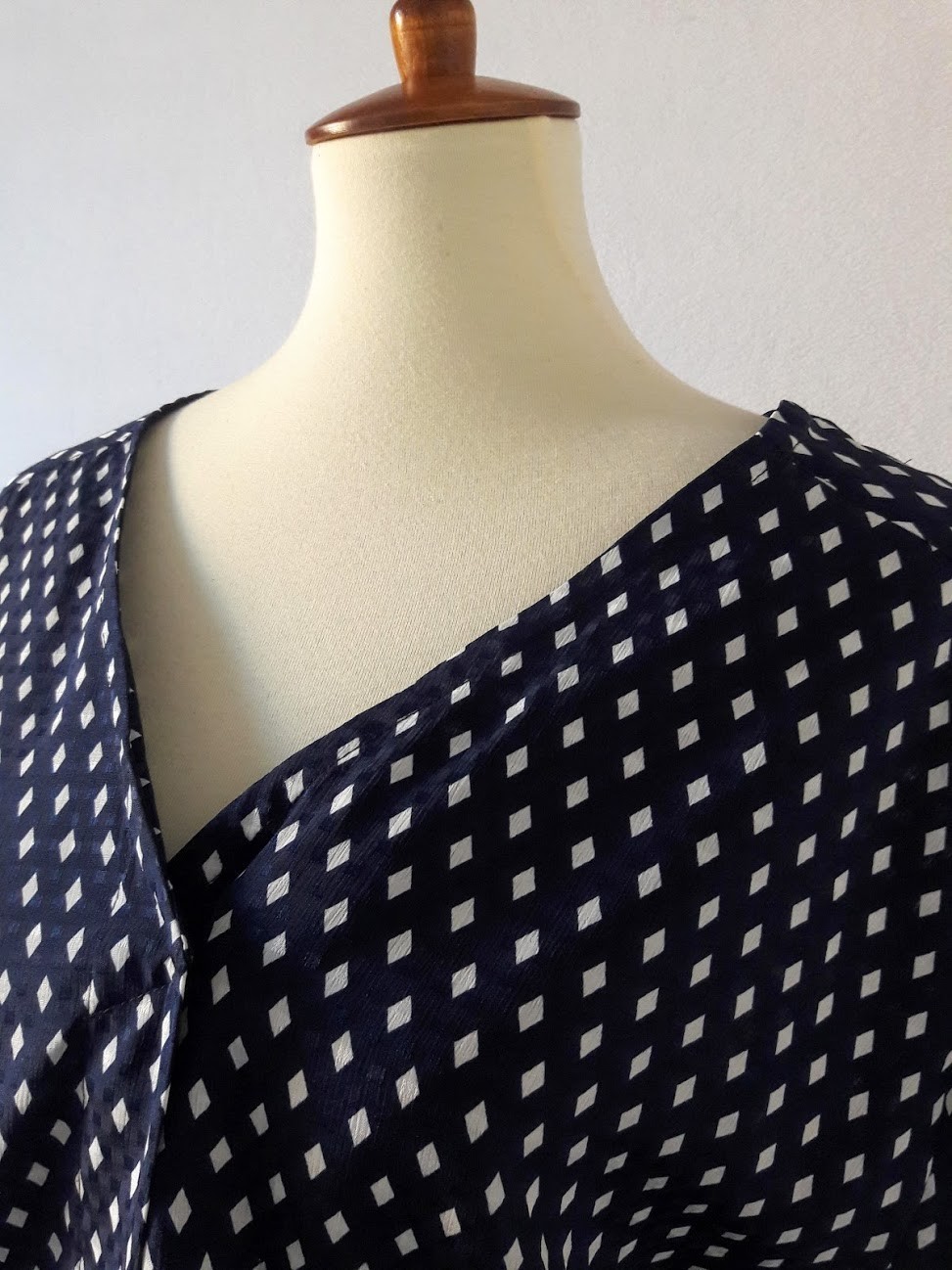 1980s Navy Blue and White Diamond Print Satin Midi Dress