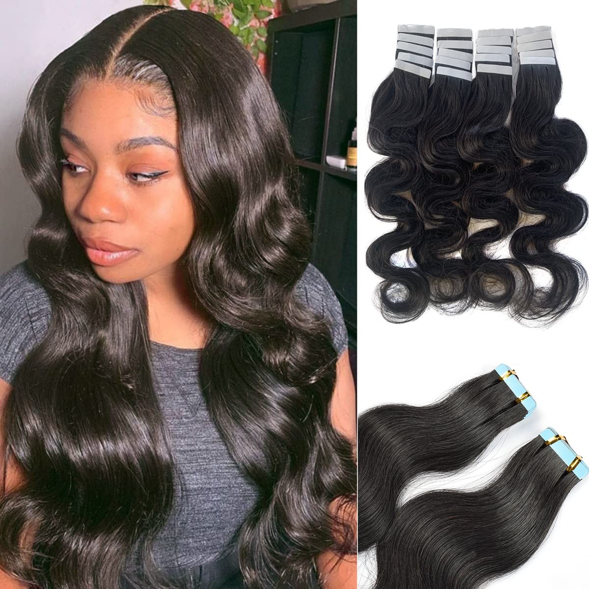Smavida Body Wave Tape-in Human Hair Extensions for Black Women, Natural