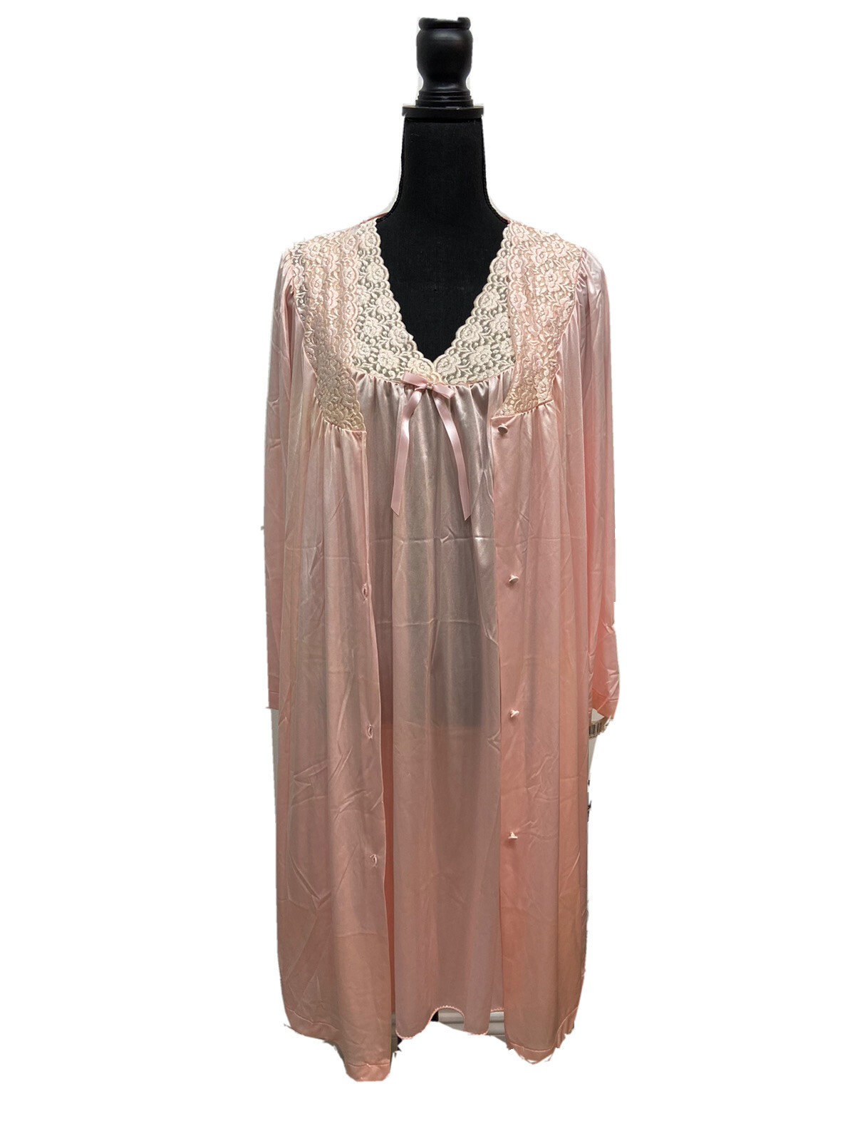 VTG Vanity Fair Peignoir Set Silky Lace Gown Robe Pink Medium Silkenique NOS USA