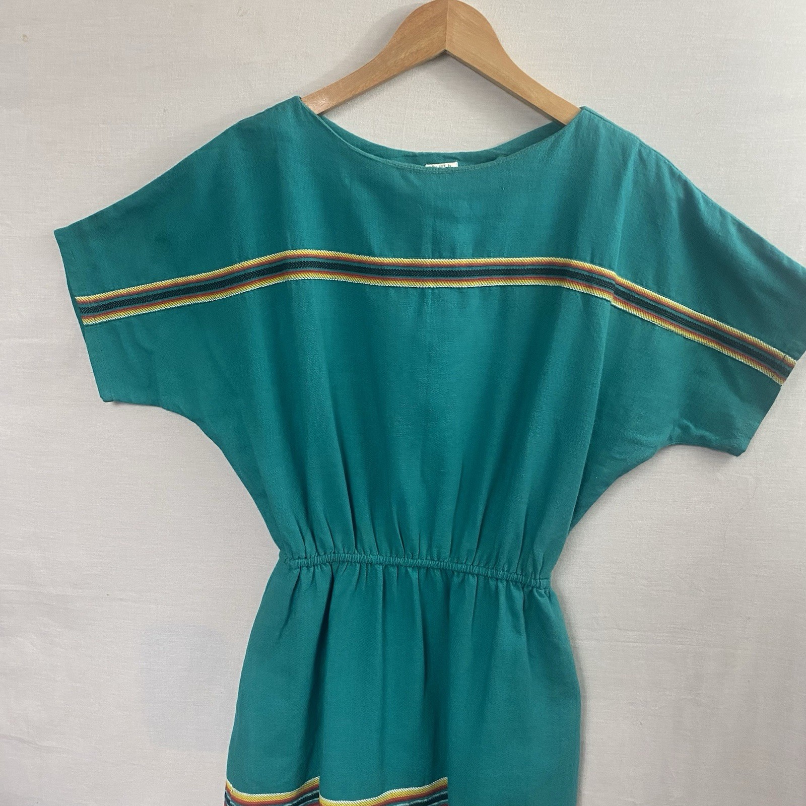 Vintage Guatemalan Teal Embroidered Cotton Dress – Handmade Artisan Lupita -Sz S