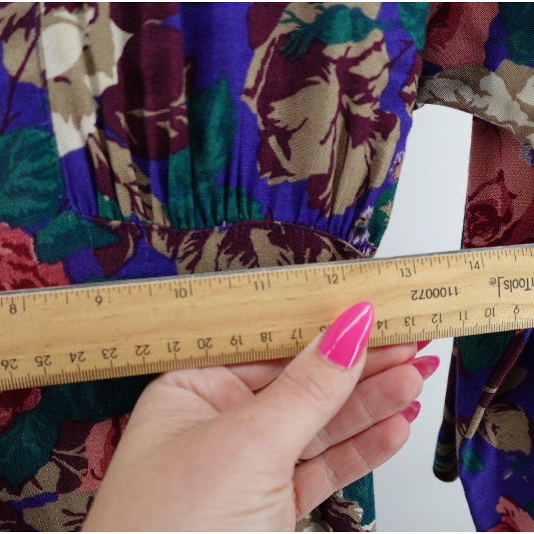 Carol Anderson Vintage Purple Floral Midi Dress Button Front Pockets 80s USA
