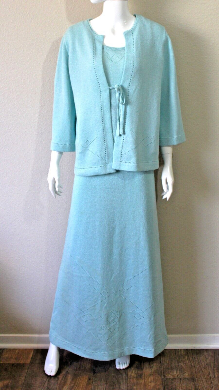 VTG 60s 70s Dalton Pointelle Knit 3 Piece Shell Skirt Sweater maxi Dress L/XL