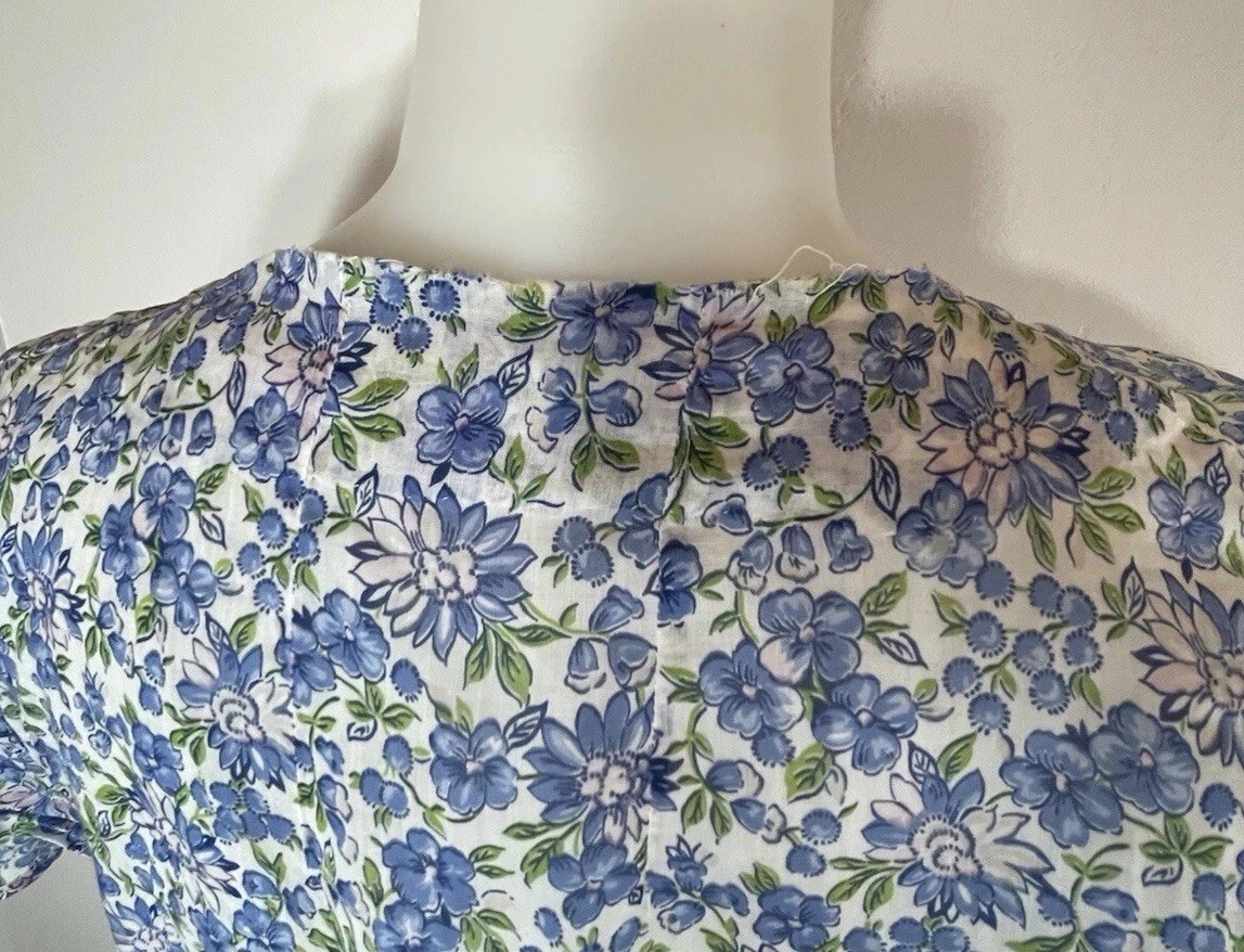 VTG 40s Day Dress White W/Blue Pink Floral Print 100% Cotton 36 Waist (Many Flaw
