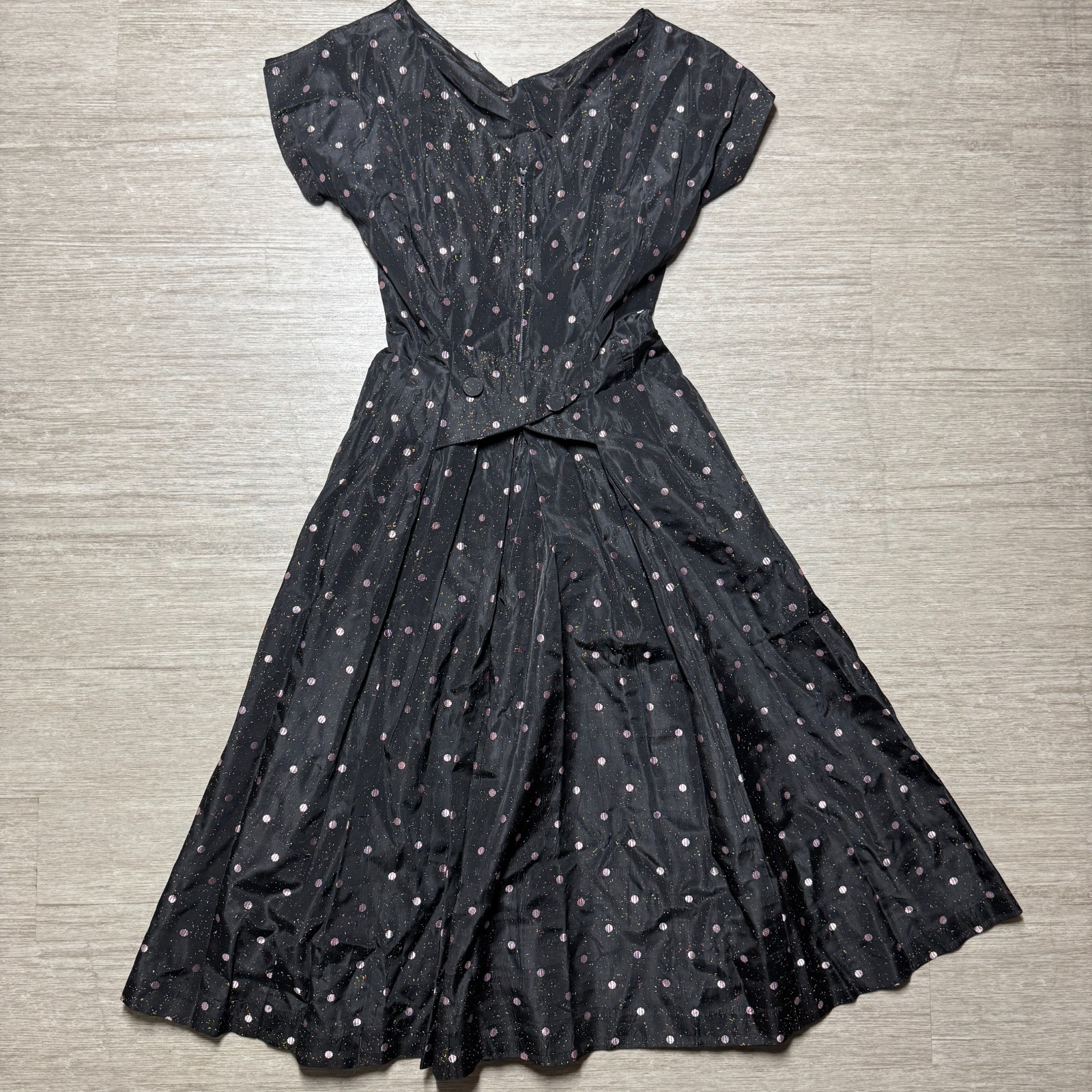 Vintage 1950s Novelty Polka Dot & Paint Splatter Acetate Taffeta Dress S/M