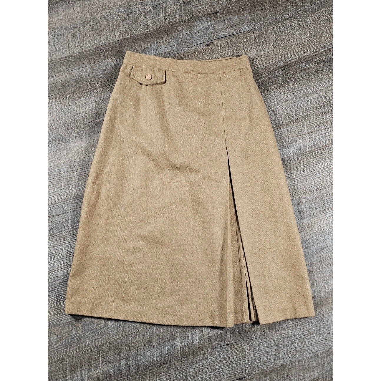 Vintage ILGWU Union Made Camel Wool Blend A-Line Midi Skirt Pleated Tan Sz 9/10
