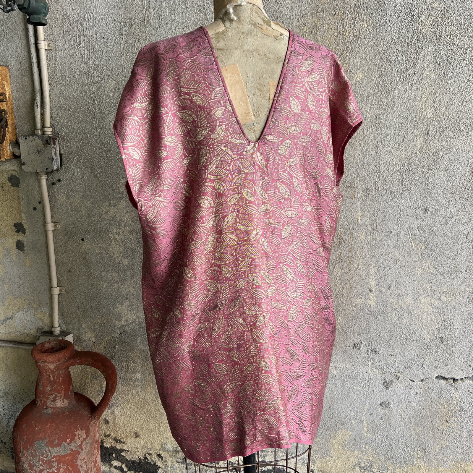Antique 1920s Pink Silk Lamé Smock Mini Dress Blouse Fruit Design 1930s Vintage