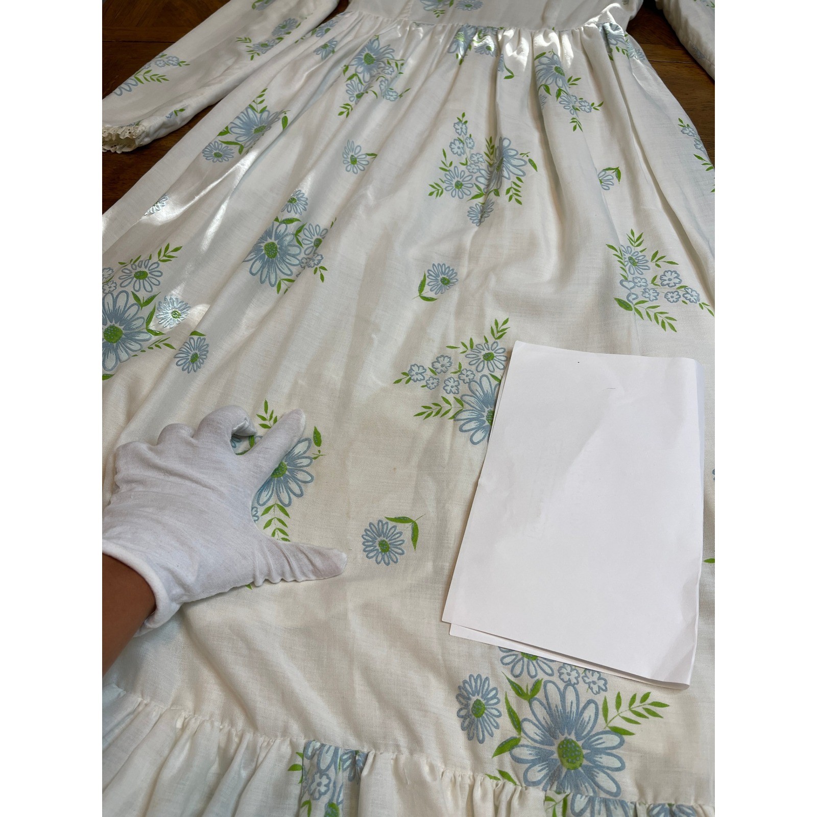 Vintage Prairie Dress White Blue Floral Puff Sleeve Lace Trim Maxi XS