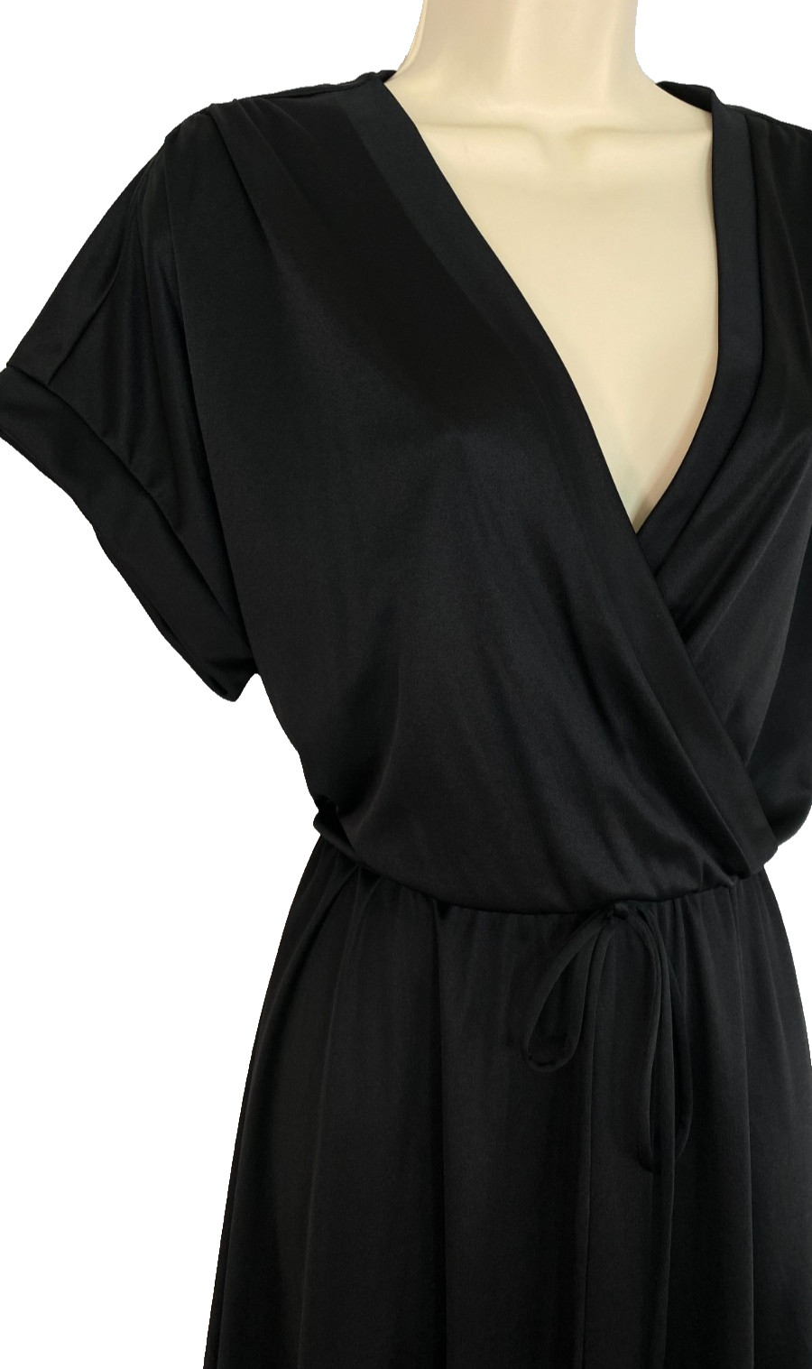 Vintage 1970s black midi dress XL short sleeve crossover A-line V neck disco