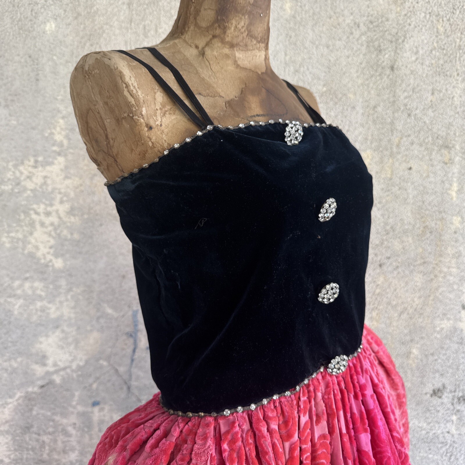 Antique 1920s Robe De Style Stage Dress Pink Devore Velvet Fringe Rhinestone VTG