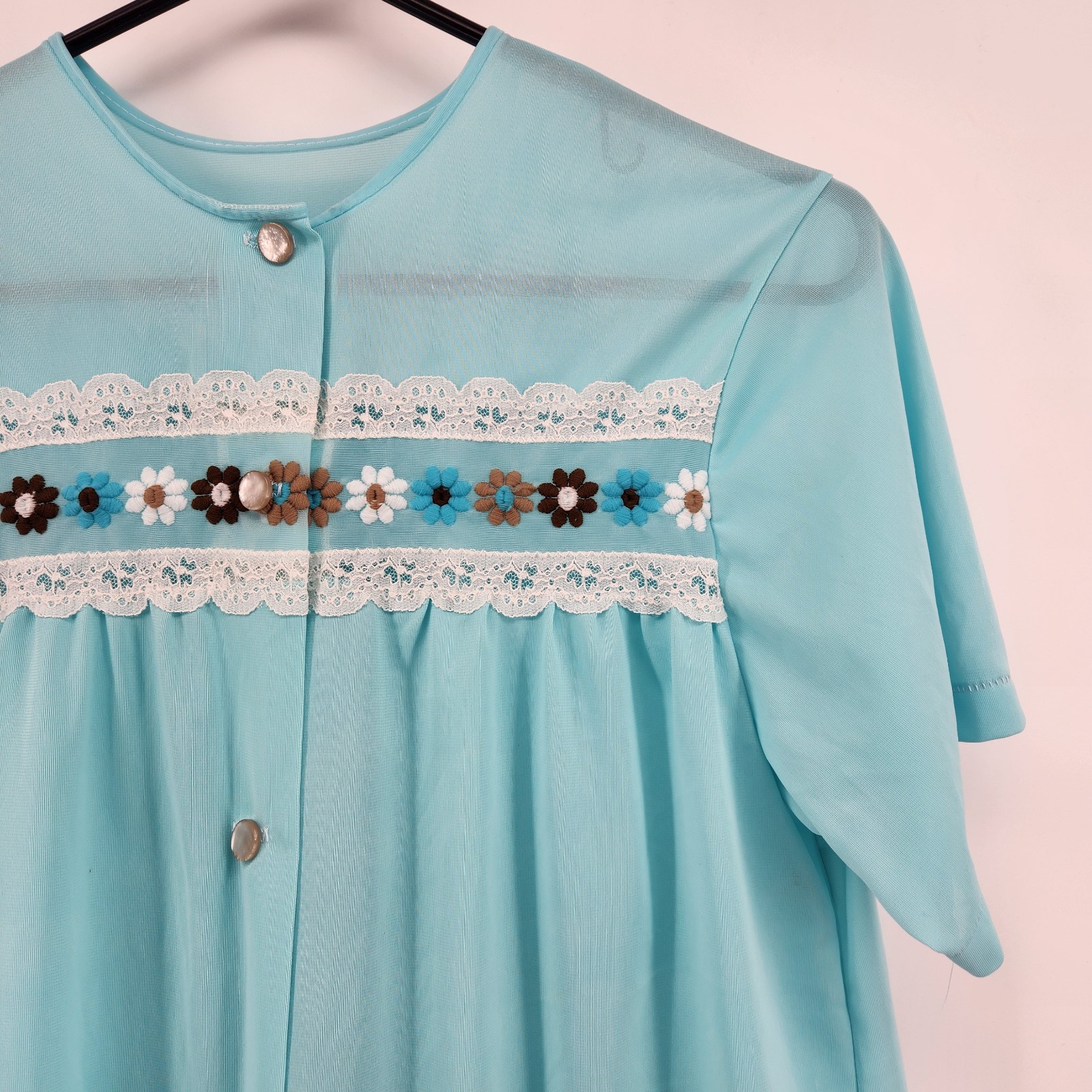 Vintage Sears Aqua Blue Embroidered Floral Lace Bed Jacket Short Sleeve Size 34